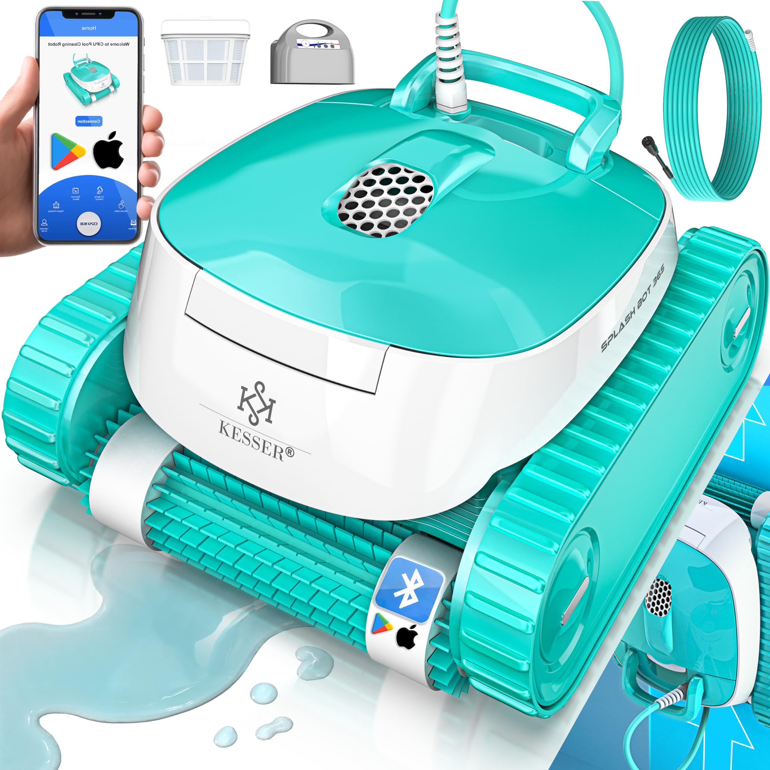 KESSER Robot de piscina para suelo y pared de hasta 100 m², limpieza de líneas de agua, limpiador automático de piscinas con función de aplicación y módulo de control, aspirador de piscina para
