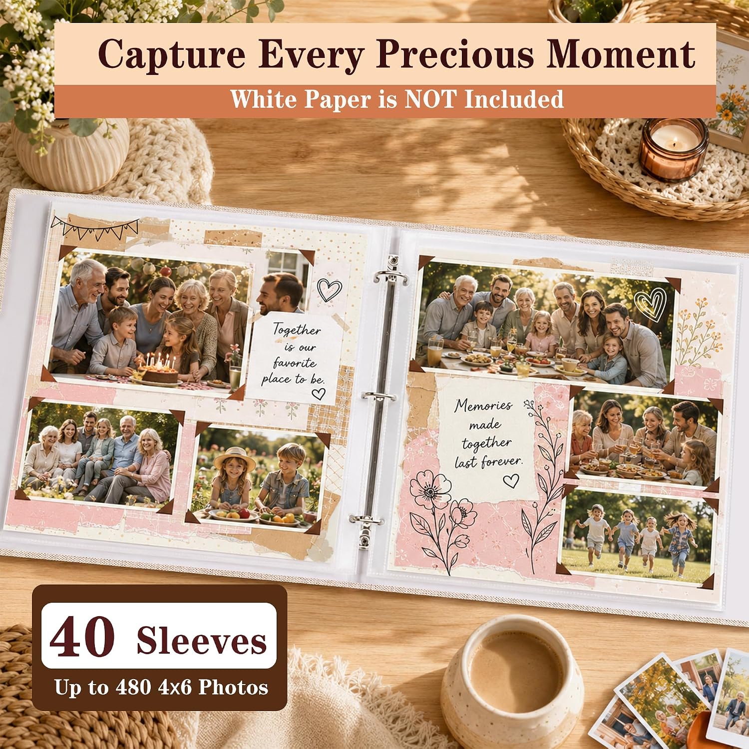 12"x12" DIY Scrapbook Photo Album with 80 Pages 40 Plastic Sleeves Beige