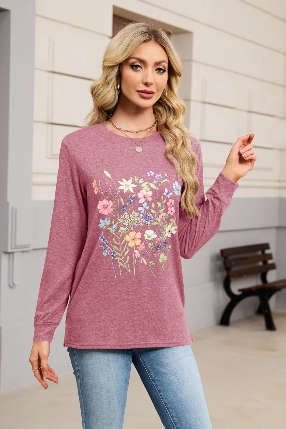 Women's Vintage Floral T Shirt Boho Wildflower Graphic Loose Tees Fall Long Sleeve Blouse Shirts Casual Tunic Tops - Image 6