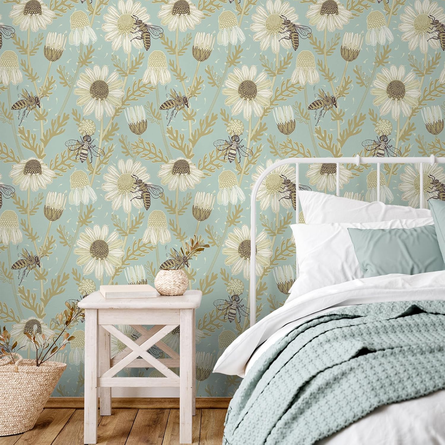 VaryStyle 17.7"x393" Bee Floral Wallpaper Blue/Yellow Daisy Flower Nature Peel and Stick Wallpaper Floral Contact Paper for Cabinets Drawers Renter Friendly Waterproof Vinyl Roll for Nursery Kitchen