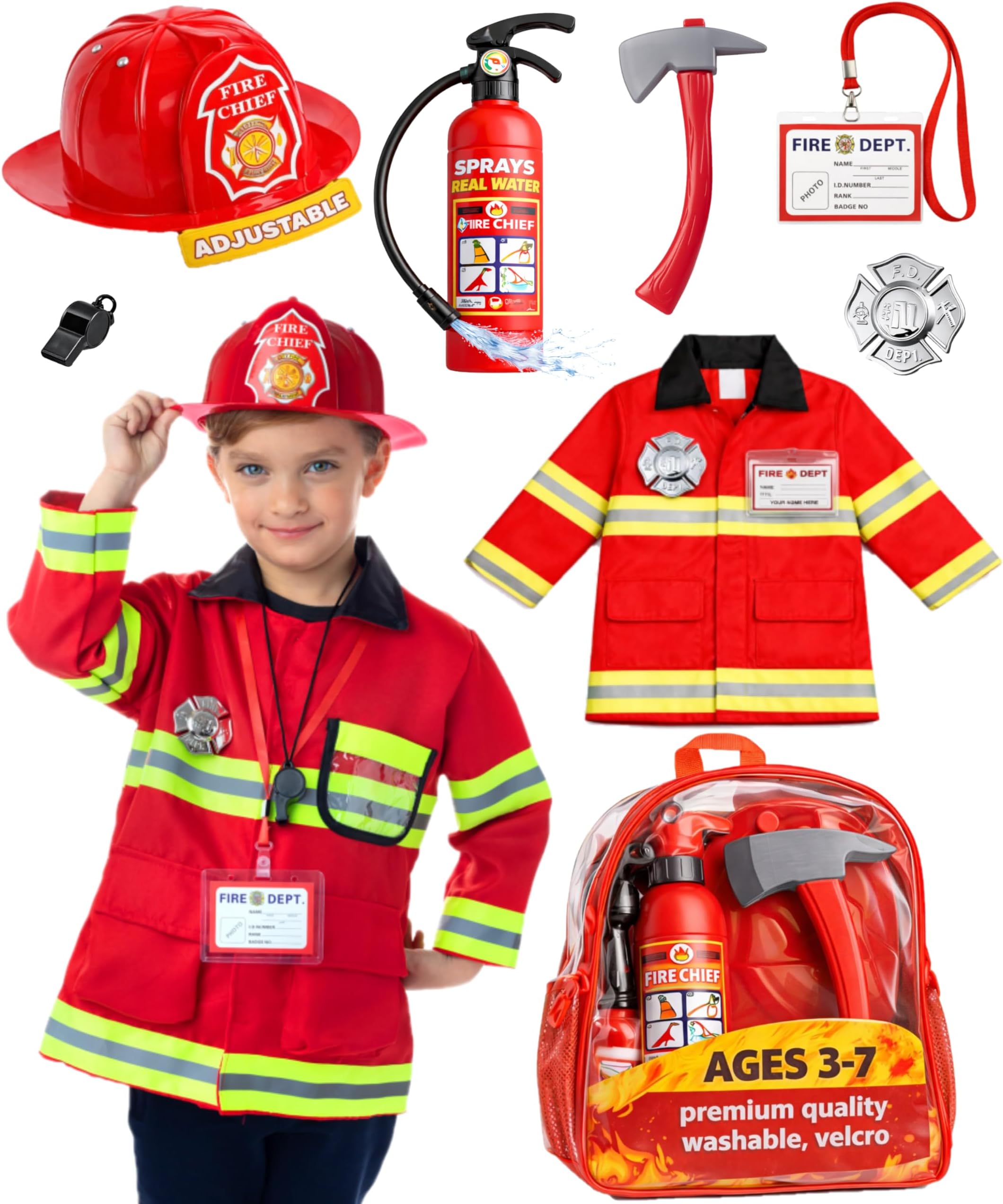 Born Toys (8 PC Premium Washable Fireman Costume and Firefighter Accessories with Real Water Shooting Extinguisher Great for Halloween…