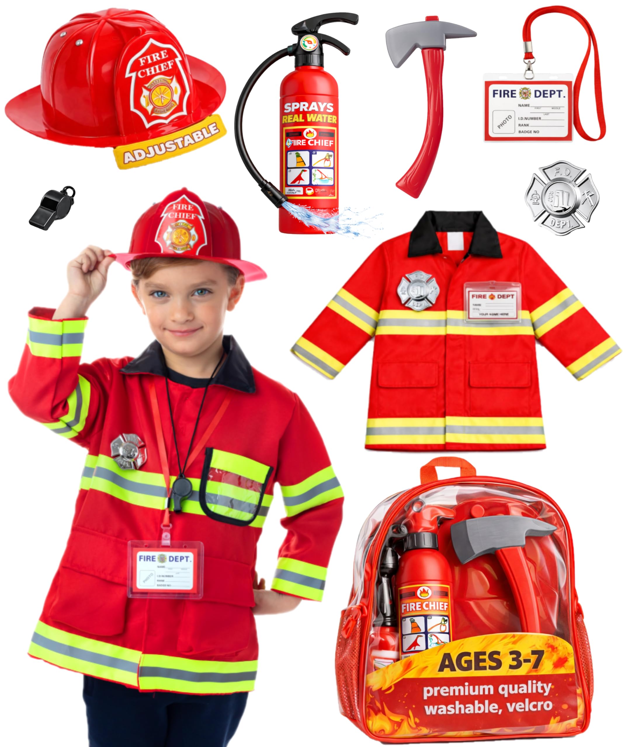 Born Toys Giocattoli Nati (Costume da Pompiere Lavabile Premium 8 PC e Accessori per Vigili del Fuoco con estintore ad Acqua Reale Ottimo per Halloween