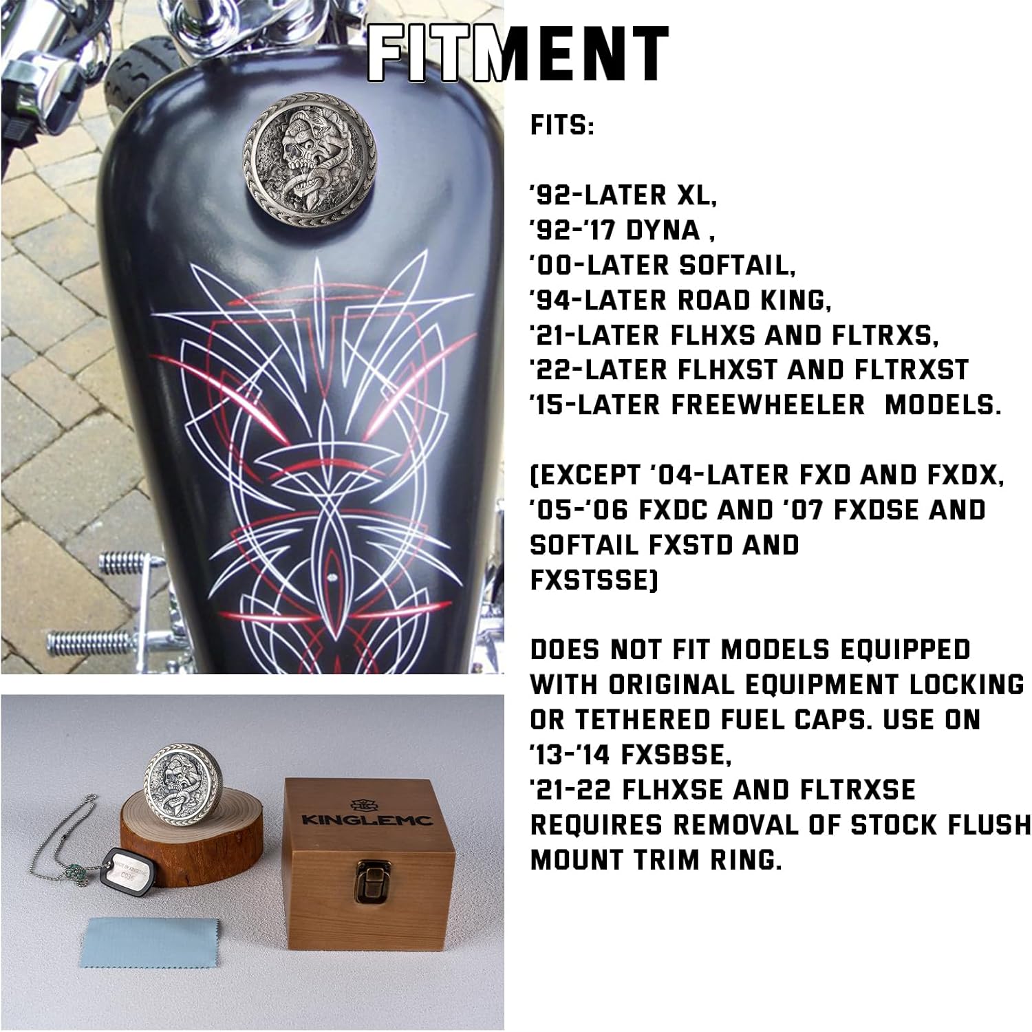 Hand carved Skull Gas Cap Fuel Tank Cap for Harley Davidson Gifts for Bobber Chopper Bagger Dyna Softail XL Road King Sportster 883 1200 Fatboy Fatbob Lowrider Breakout (White Brass-Skull)