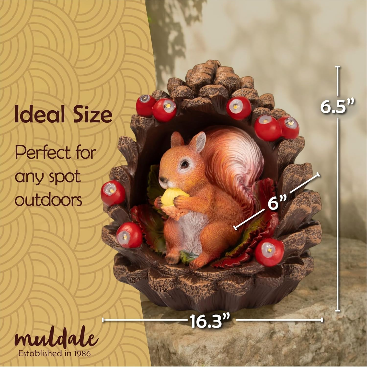 Muldale Garden Statue Solar Light Sidney Squirrel LED - Hand Painted Light Up Red Squirrel Figurine - Great for Outdoor Yard Decor - Gift Boxed