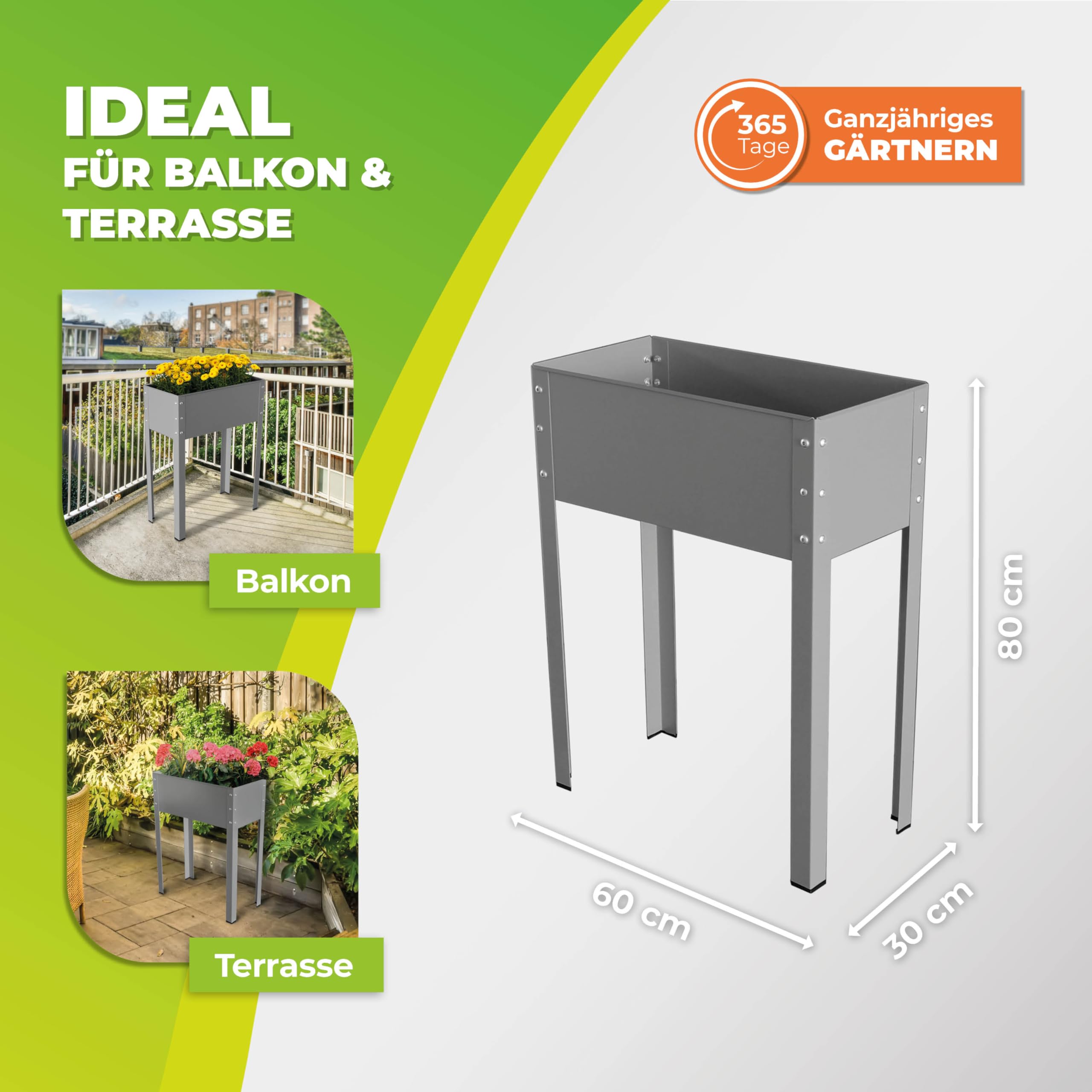 Bio Green Carré Potager en Métal Freising-L, Gris, 60 x 30 x 80 cm