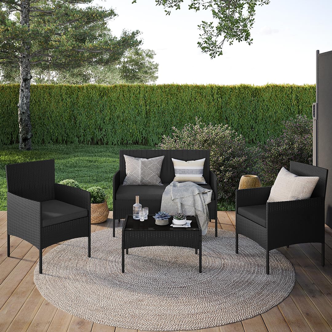 STEELSØN Thalora Polyrattan Gartenmöbel Set 4 TLG, Schwarz, mit Sitzkissen