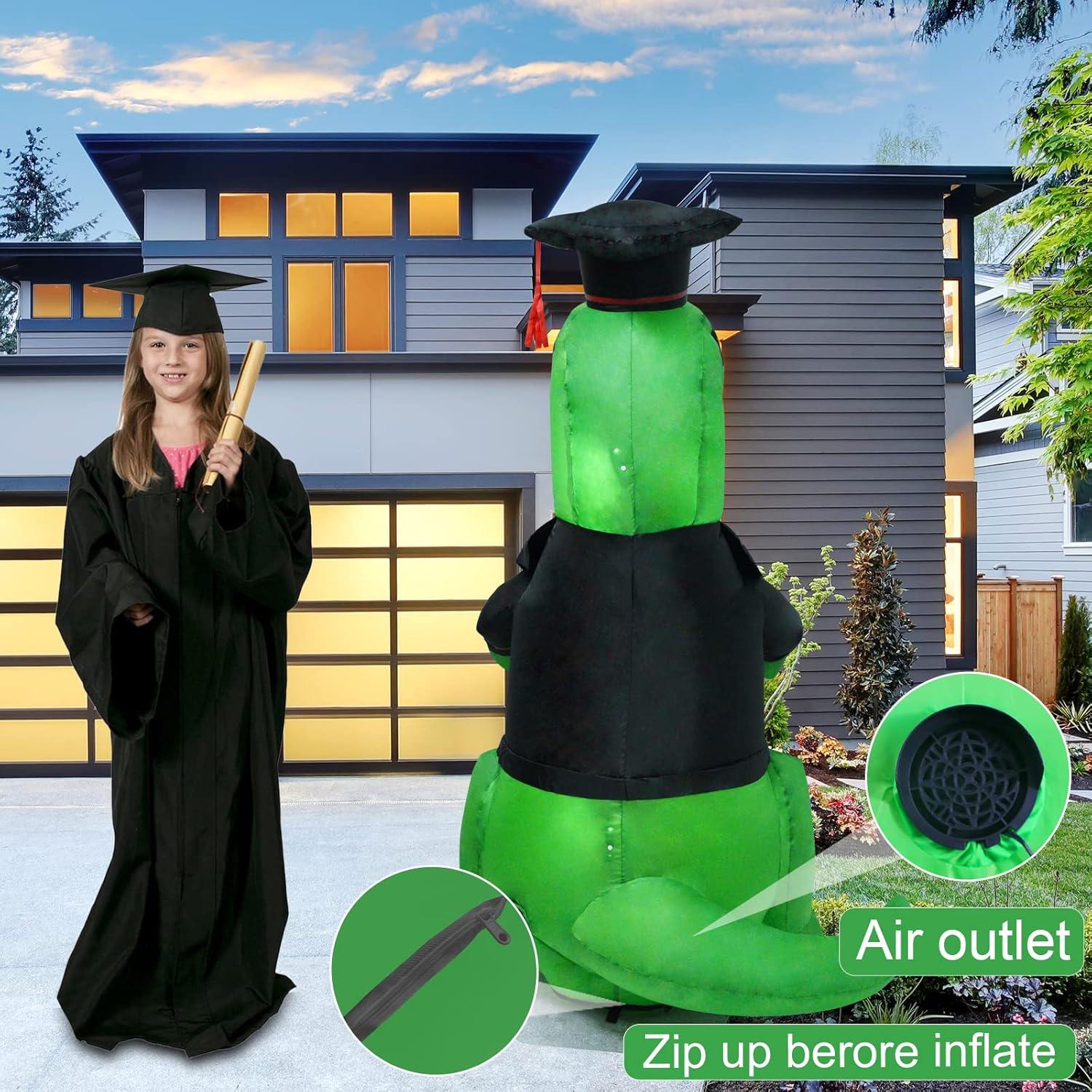 5ft Graduated Doctor Dinosaur Inflatable Decoration, Outdoor Decoration with LED Lights for Yard, Garden, Patio and Lawn