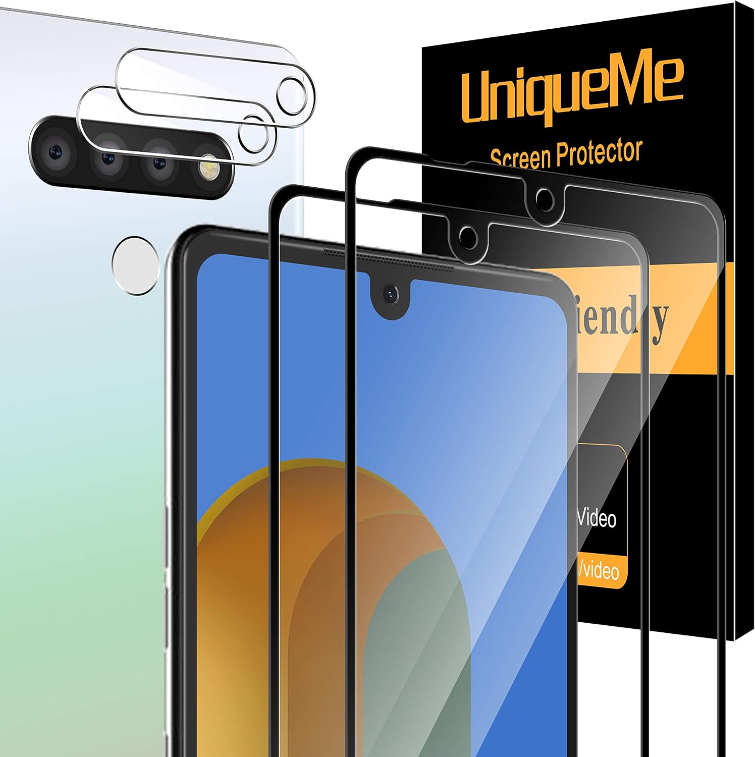 UniqueMe [ 4 Pack 2 Pack Screen Protector + 2 Pack Camera Lens Protector Tempered Glass for LG Stylo 6,[Full Coverage] Edge to Edge Protection [Case Friendly] -Black