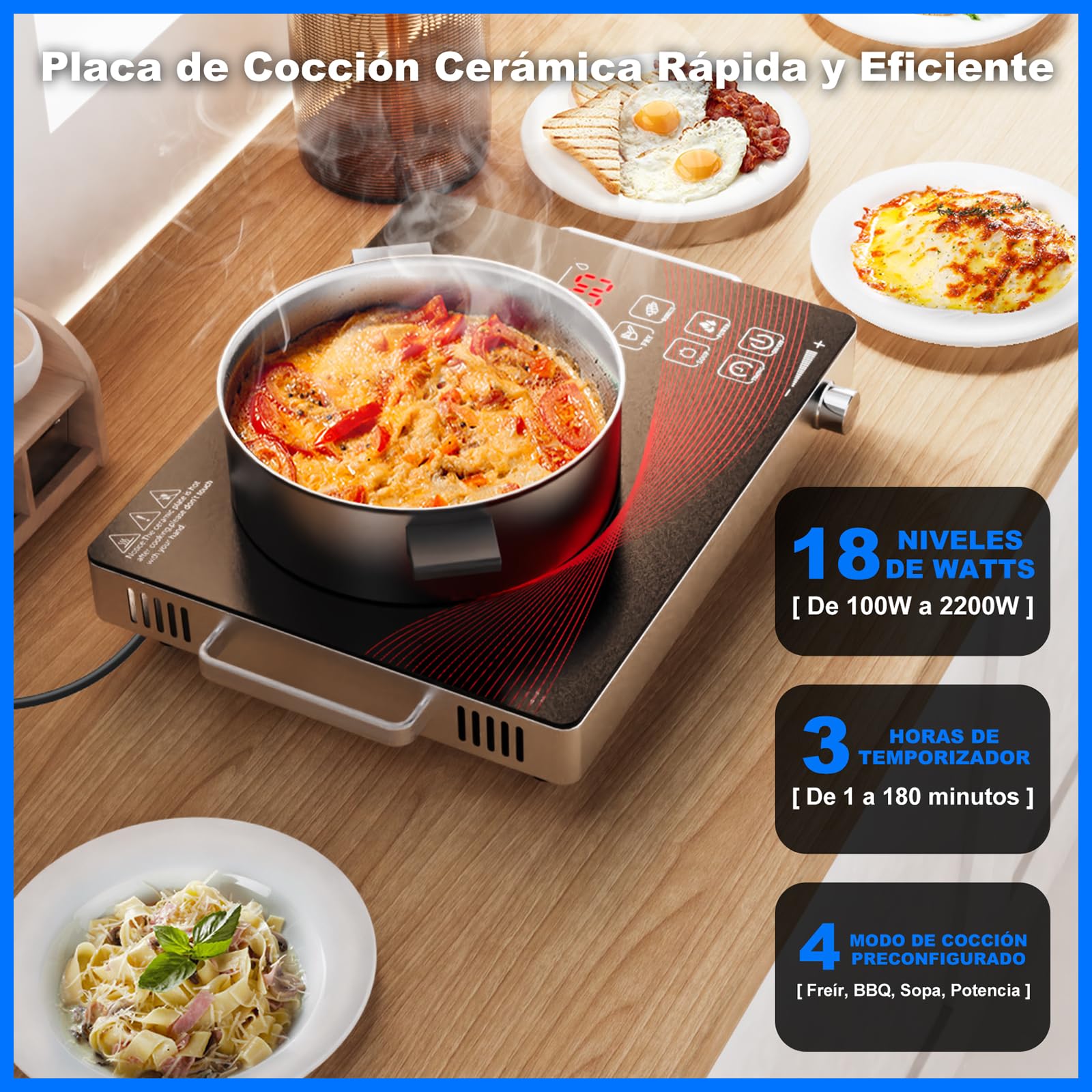 Placa de Cocina Electrica Portatil 1 Fuego 2200W, Placa de Cocina Electrica Pequeña con Controles Táctiles y 18 Niveles de Potencia, Placa de cocción Para, viajes y campings.