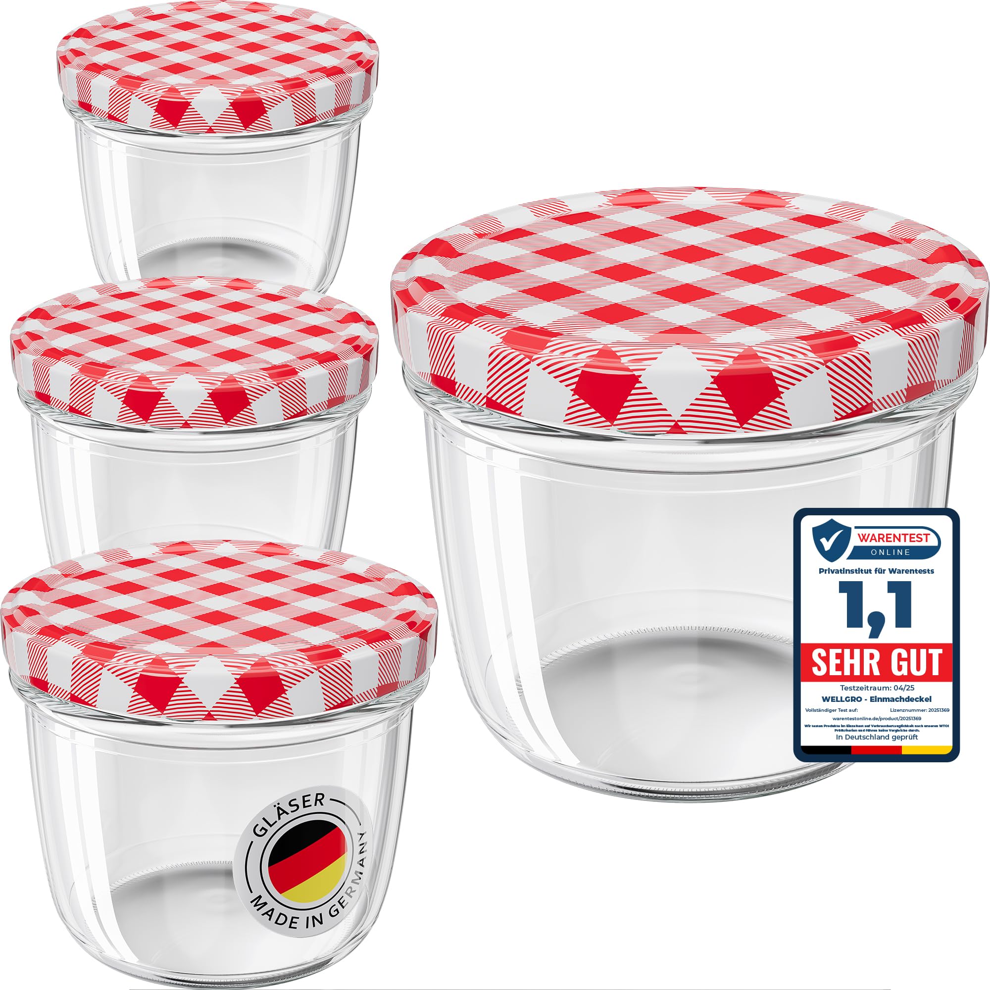 WELLGRO 50x Einmachgläser 230ml – Schraubdeckel TO82 rot kariert – Made in Germany – Vorratsgläser, Marmeladengläser, Aufbewahrungsgläser & Gärgläser