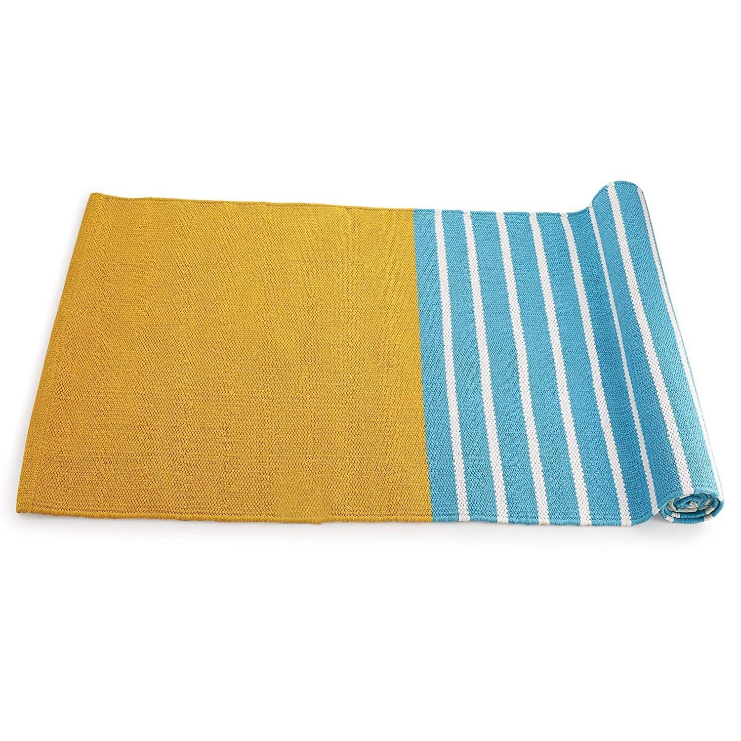 Flow Green Twist – Pure Cotton Yoga Mat for Women and Men, 2×6 feet, 7 mm thickness, Anti Slip, Yogamat for Home or Gym workout, Washable, Yellow-Blue