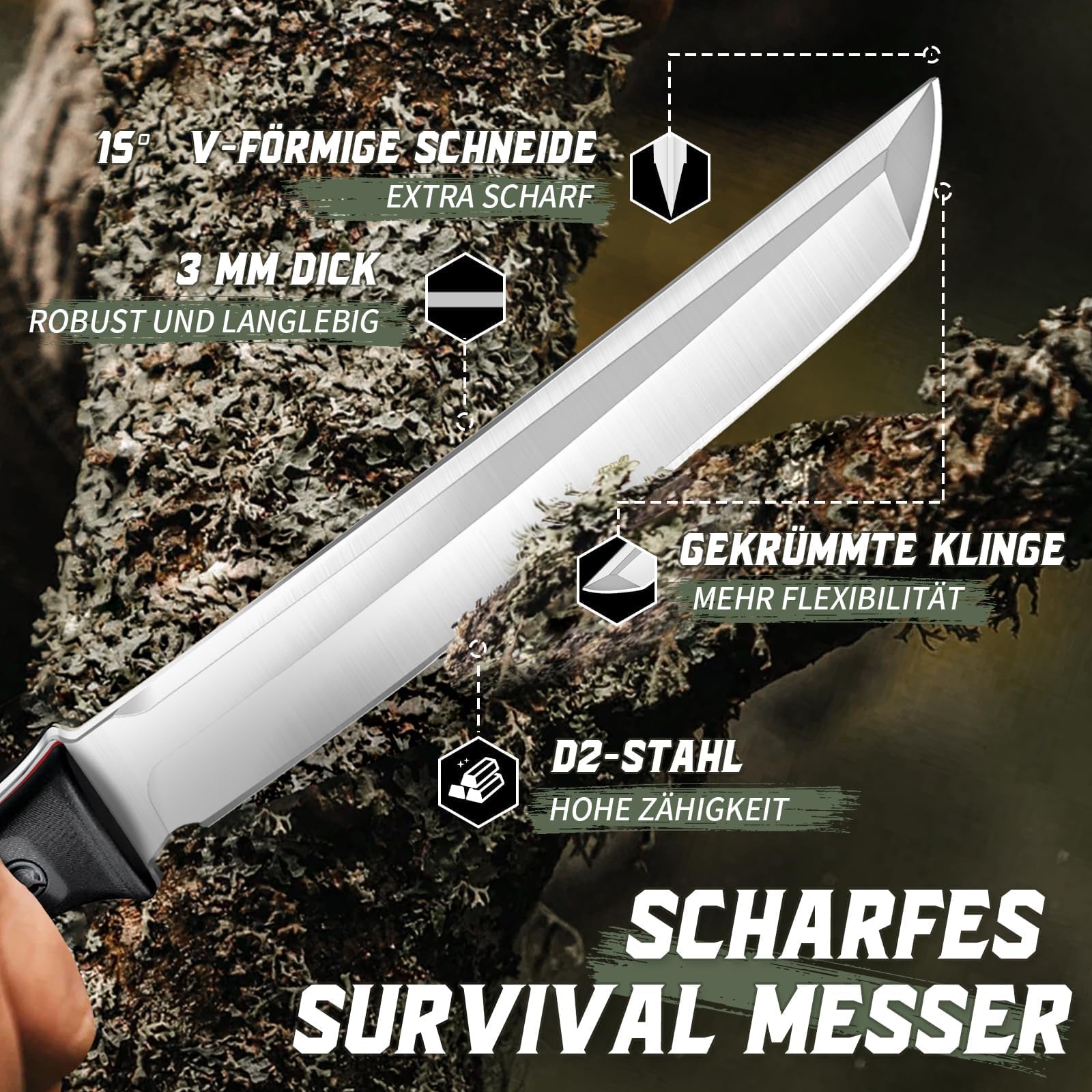 Outdoor Messer Scharfes Tanto Bushcraft Messer Großes Machete Jagdmesser Feststehende Klinge mit Kydexscheide Survival Messer für Männer Camping