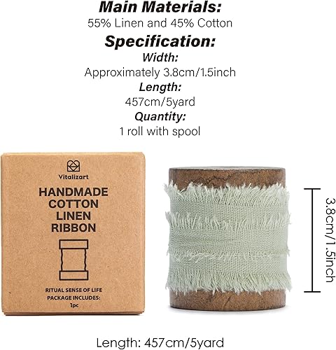 Miniatura 2 de Vitalizart Cinta verde salvia de 1 12 pulgadas x 5 yardas, cinta de lino y algodón rústico con flecos deshilachados para envolver regalos,