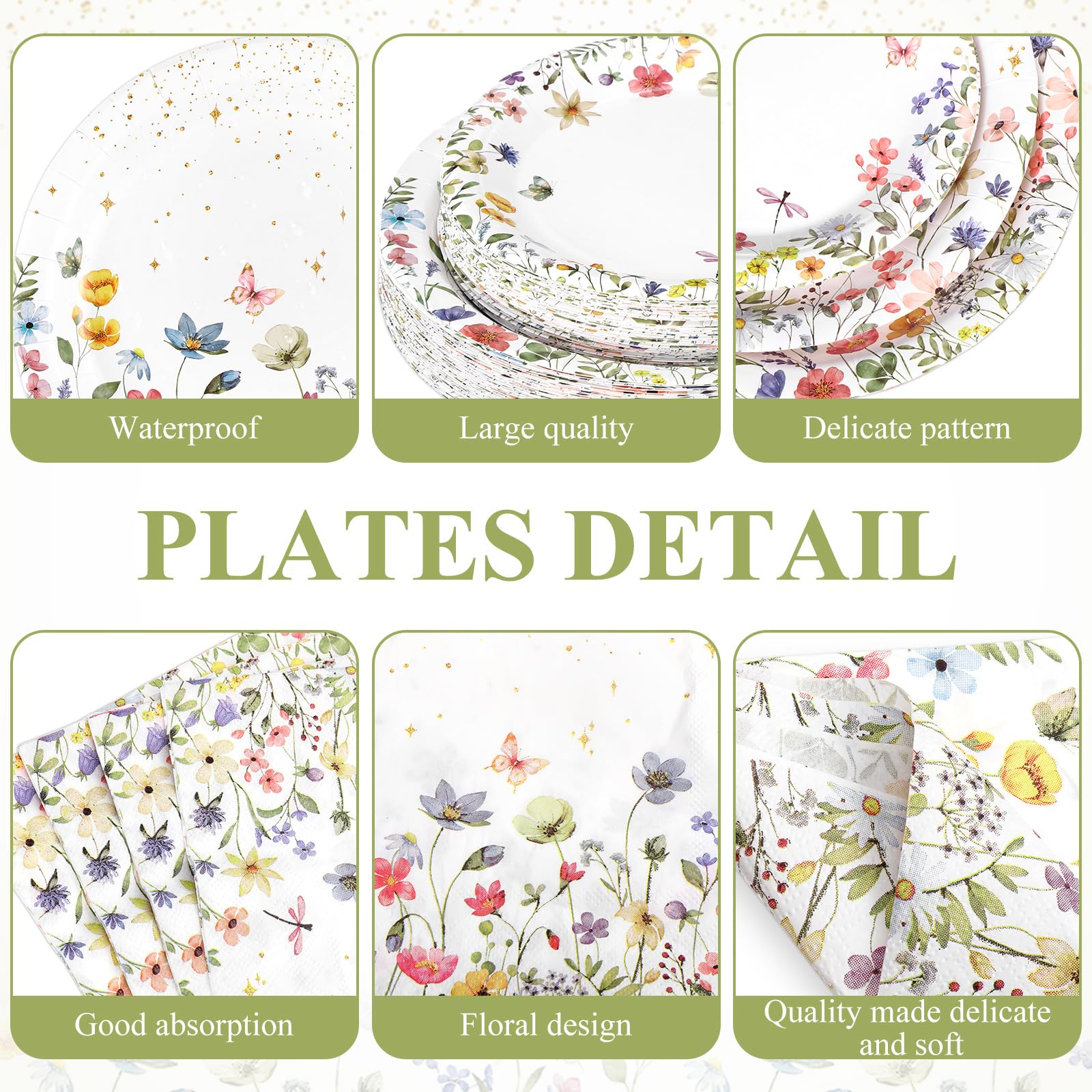 Ziliny 250 Stück Wildblumen-Party-Dekorationen, inklusive Frühlings- und Sommer-Pappteller, Servietten und Becher für Wildblumen, Babypartys, Tee-Dekorationen, für 50 Gäste (bunt, Blumenstil)