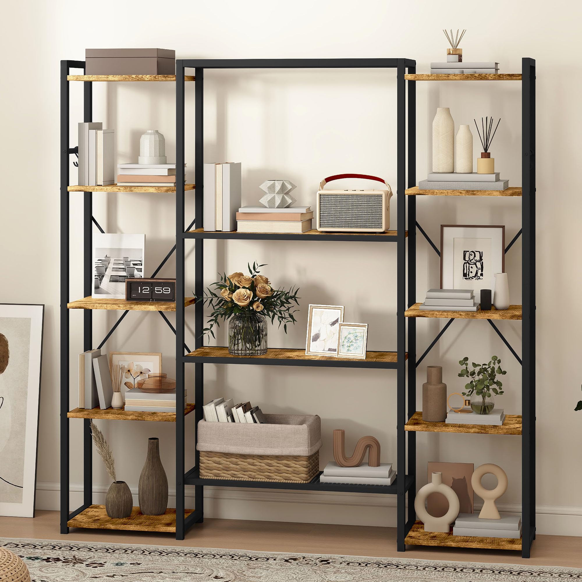 DWVO Libreria alta e ampia, libreria industriale con 13 ripiani, scaffale in legno e scaffale per libri in metallo, espositore per soggiorno, casa, ufficio, marrone rustico