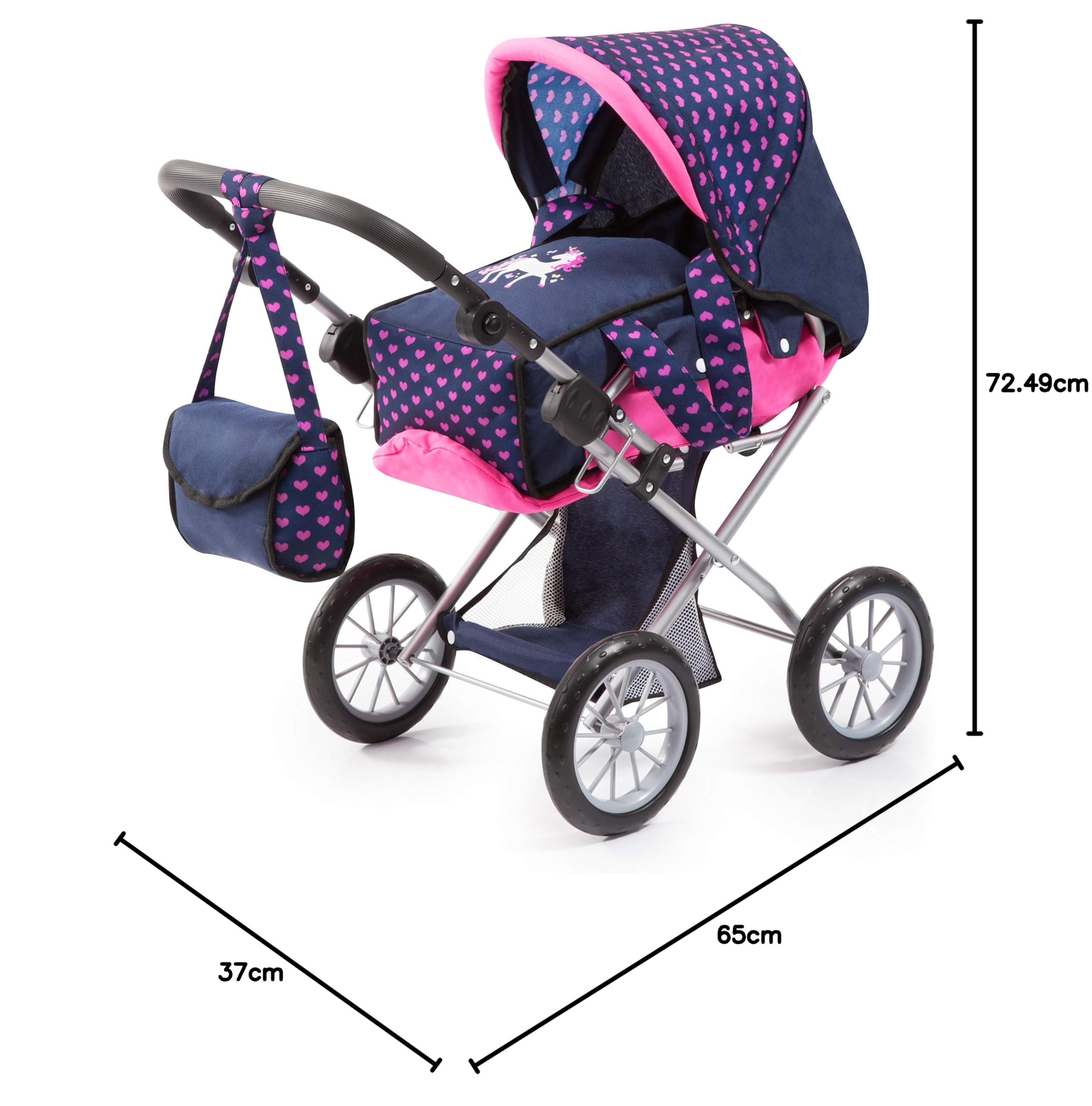Bayer Design 13654AA City Star in modernen Einhorn Design, Kombi Puppenwagen, mit herausnehmbarer Tragetasche und Umhängetasche, höhenverstellbar, für Puppen bis 46cm, blau rosa | wandelbar in einen Puppenjogger, mit integriertem Korb und herausnehmbarer