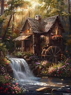 5D Diamonds Painting Kits for Adults, Old Mill Surrounded by Waterfall DIY Full Round Diamond Art Perfect for Watermill Handmade Gifts Interior Decoration Relaxation and Bathroom Decor 12x16inch