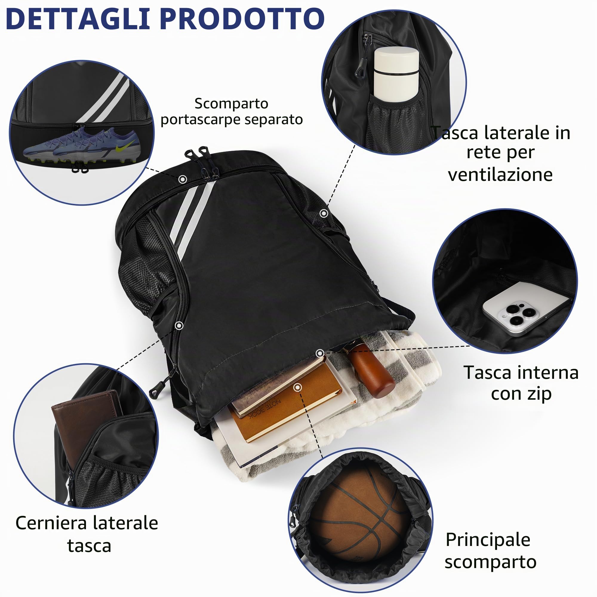 Sacca sportiva per uomini, donne e bambini, con compartimento scarpe separato, tasca principale e tasca interna, sacca palestra per basket, calcio, yoga e nuoto, zainetto sportivo