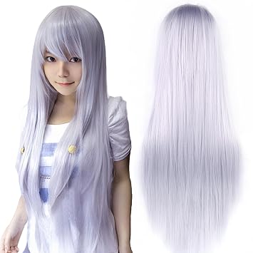 IMISSU 80cm Long Straight Natural Hair Cosplay Wigs with Bangs Colorful Halloween Costume Party Wig for Women Sliver Grey