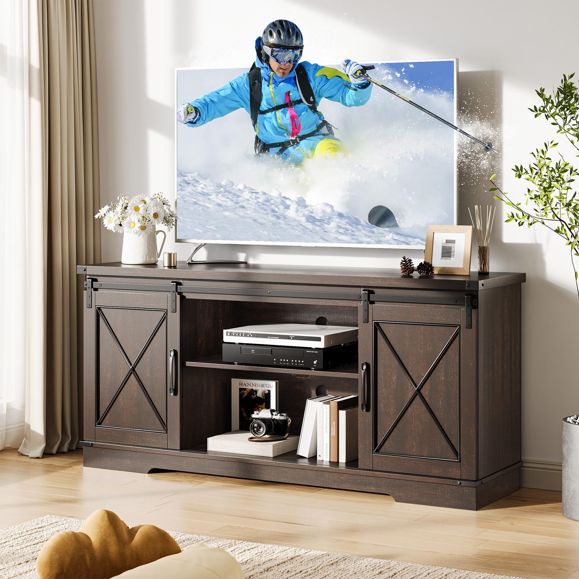 Garvee Farmhouse TV Stand and Entertainment Center for TV Up to 65 in with Sliding Barn Doors and Adjustable Shelf, Storage Console Table and Furniture for Living Room, Bedroom, Brown