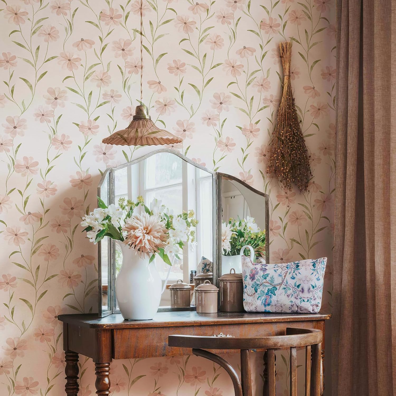 Floral Wallpaper Peel and Stick Daisy Wall Paper Pink Summer Flowers Nursey Room Self Adhesive Wallpaper Contact Paper Stick for Bathroom Furniture(393" X 17.3", Pink Floral)