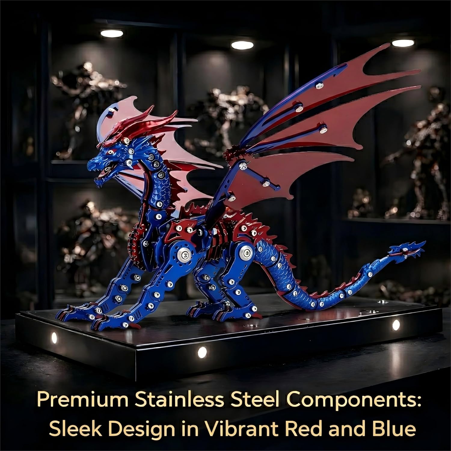 Gold-Plated Metal Pterosaur Model Kit - 3D Stainless Steel Dinosaur Puzzle for Adults - Mechanical Steampunk Pterodactyl Sculpture - Bionic Art for Office Decor and Relief Gift (Pterosaur-Blue)
