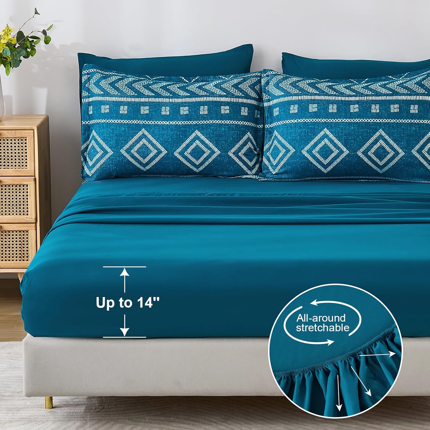 Yiran Teal Blue Comforter Set Queen Size, 7 Piece Boho Aztec Bedding Set, Geometric Bed in a Bag Queen, Soft Microfiber Bohemian Striped Complete Bedding Set with Sheets for All Season - Image 7