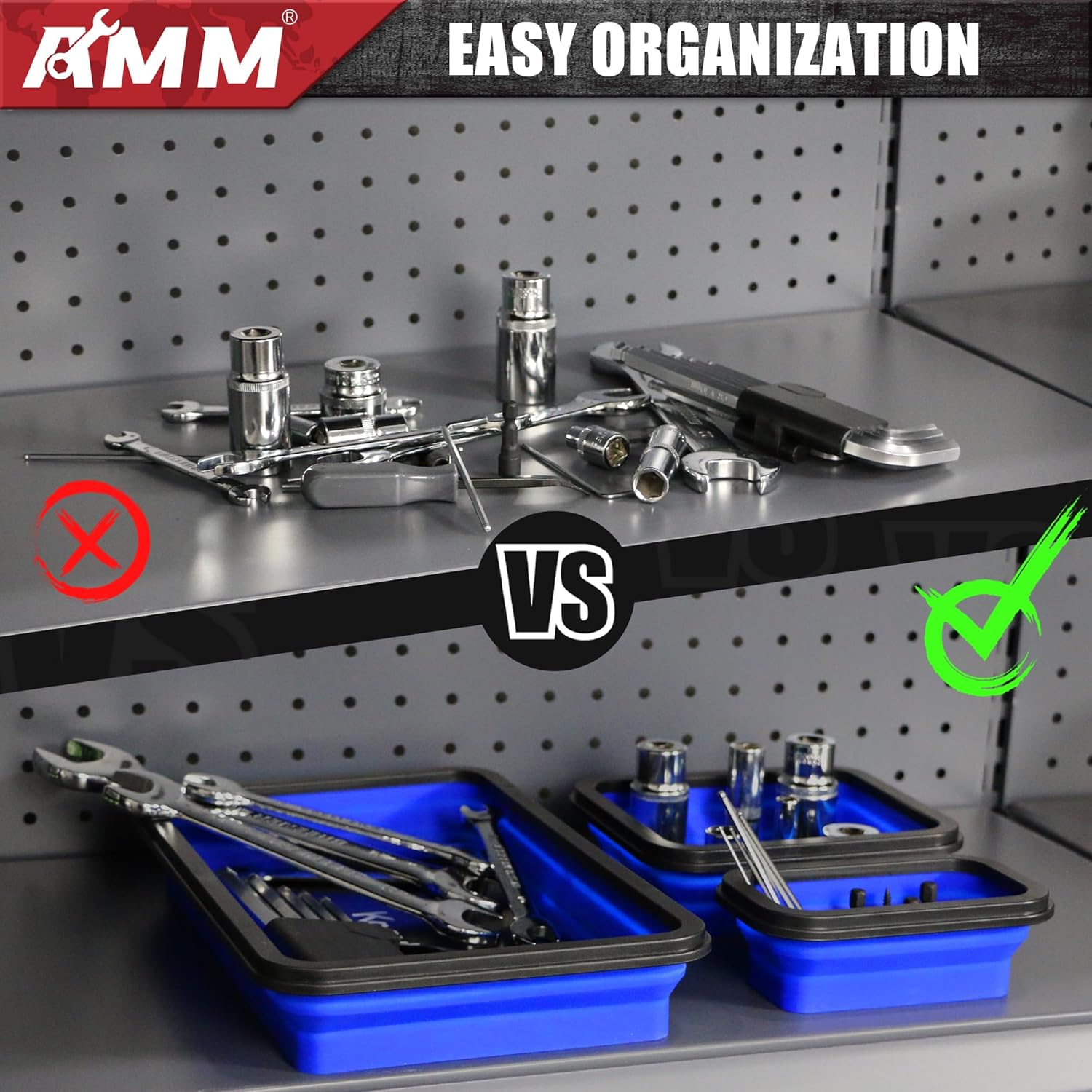 AMM Foldable Magnetic Parts Tray Set, 3 Different Size Magnetic Tool Trays for Bolts Screws Nuts & Small Metal Parts, Mechanic Tool Present for Men，Blue