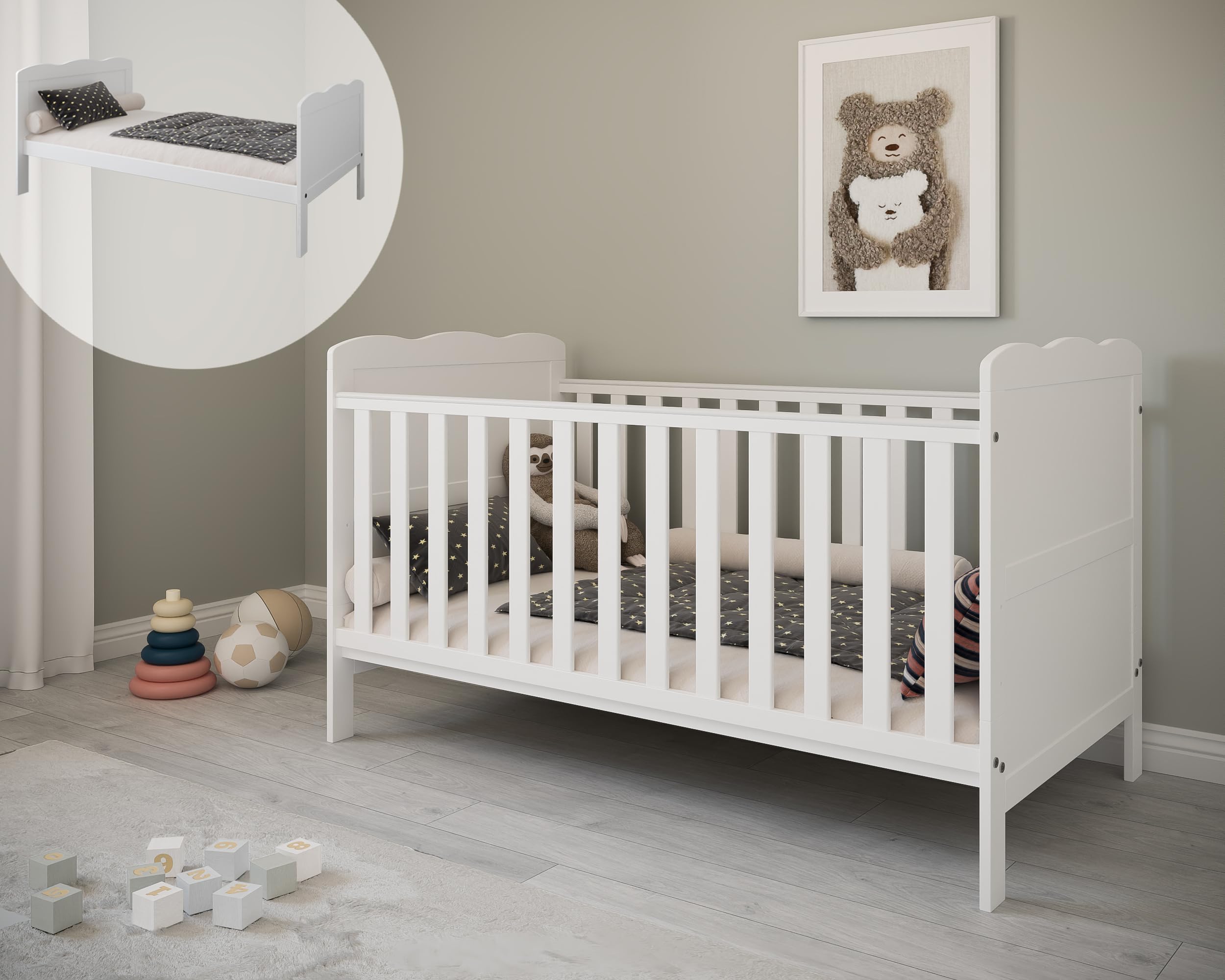 zee Cuna Bebé Blanca 140x70 Isabel 2 en 1 Convertible Junior