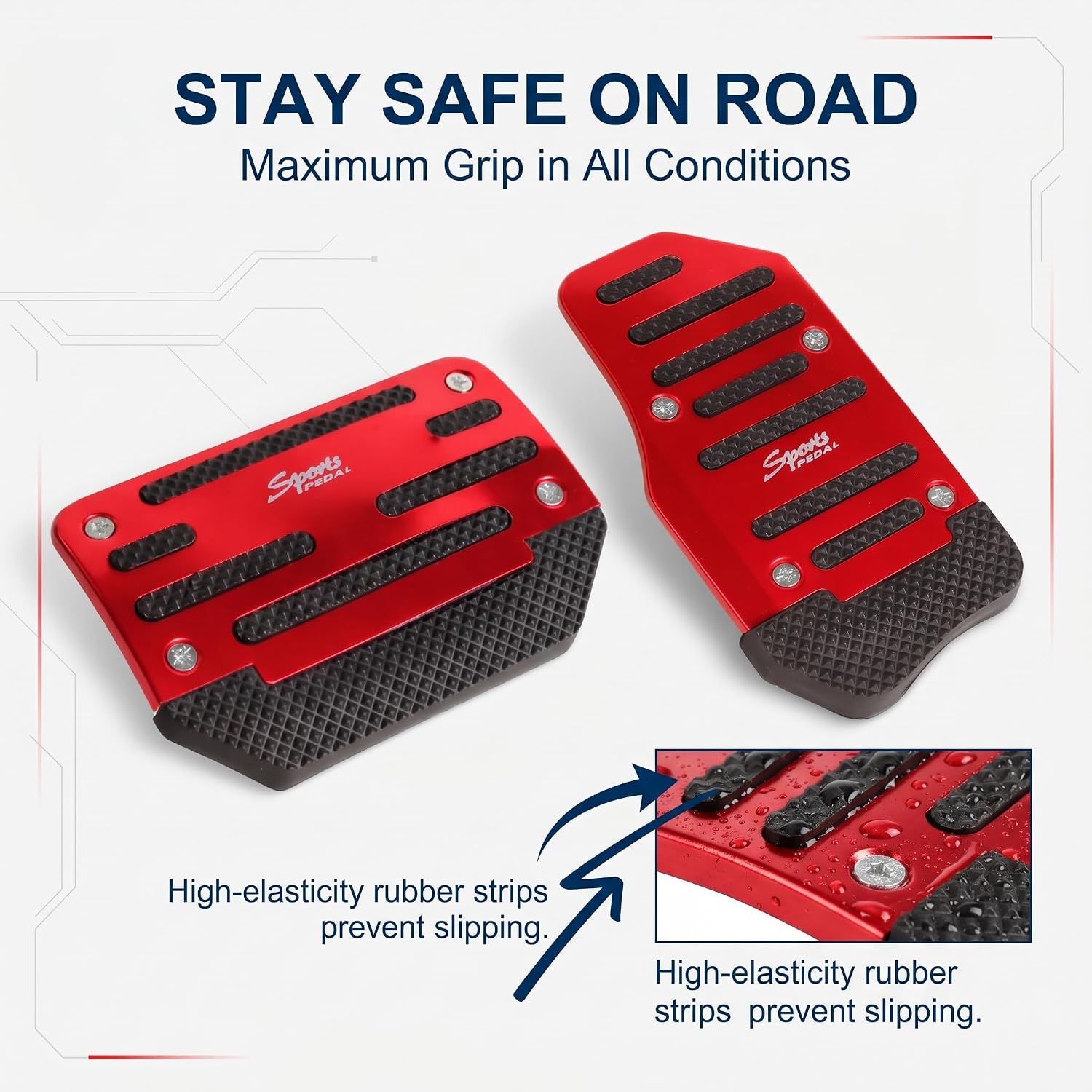 2 PCS Car Pedal Pads Set, Alloy Brake Pedal Cover and Accelerator Foot Pad, with Rubber Strip for Better Grip, Universal for Most Cars, Trucks, SUVs (Red)