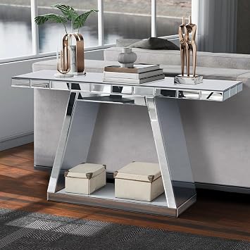 55.9" Silver Mirrored Console Table with Trapezoid Base, 360 Reflective Entryway Table with Sturdy Wooden Frame, Scratch-Resistant Modern Sofa Table for Hallway, Living Room, Behind Couch