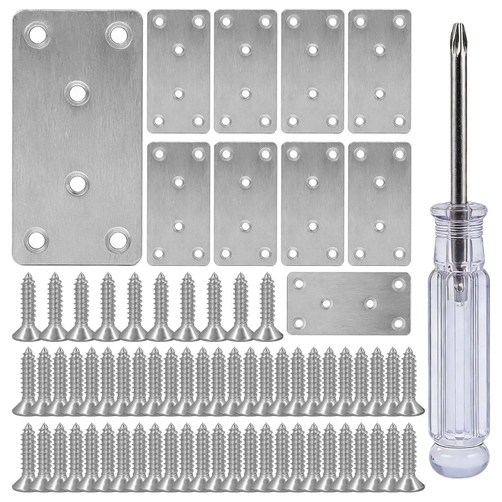 10 Pcs Flat Brackets for Wood Heavy Duty Metal Joining Mending Plates with Screws Metal Brackets for Wood Fixing Stainless Steel Sleeper Bracket for Timber Furniture Repairing Fixing