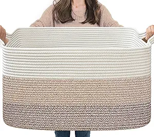 Goodpick Large Woven Storage Basket, 21.6" x 14.9" x 11.8" Rectangle Rope Baskets for Toy Storage, Blanket Basket for Living Room, Bedroom, Light Brown