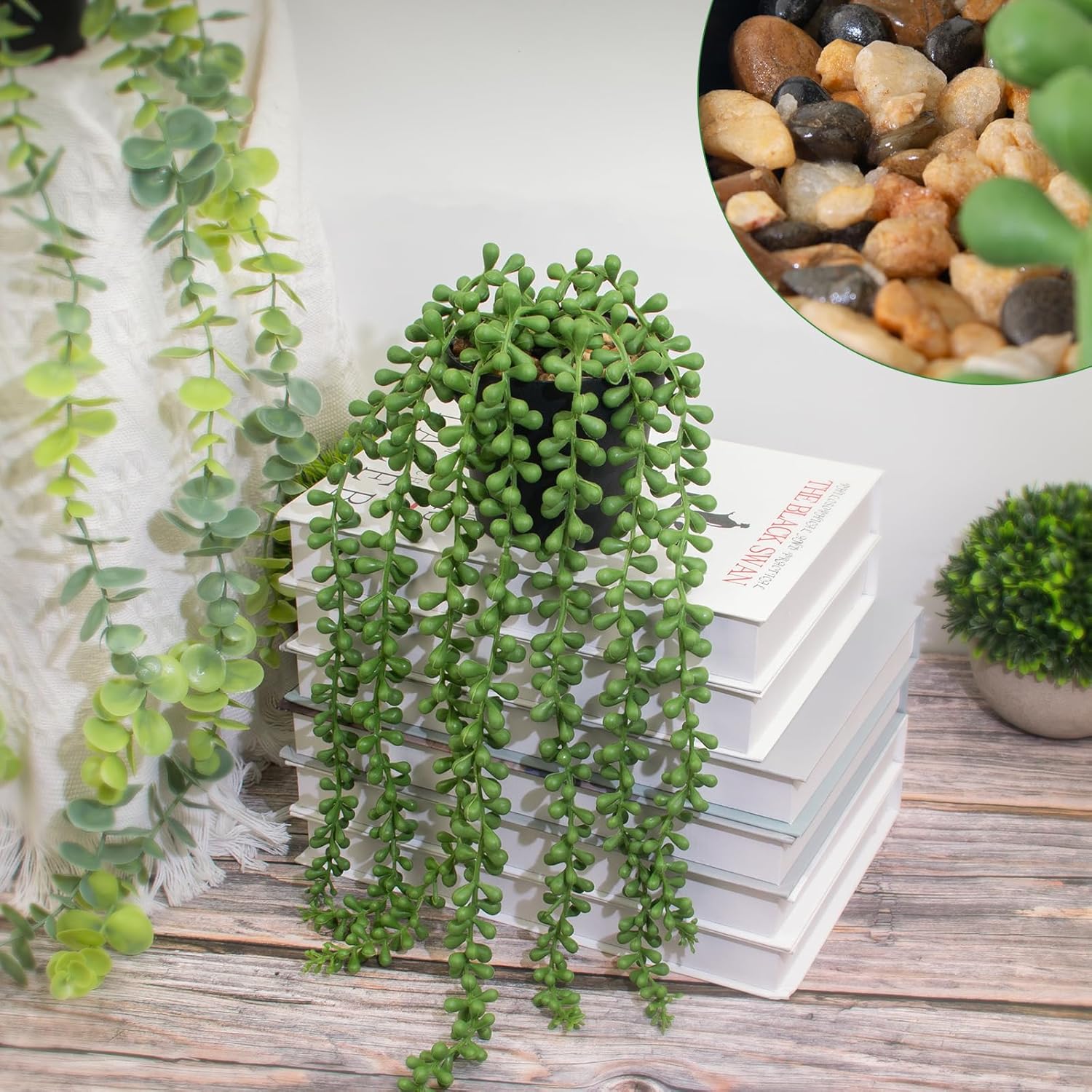 LOYWREE 3Pcs Fake Plants Indoor Artificial String of Pearls Plant in Black Pots, Realistic Green Faux Succulent Hanging Plants for Shelf Decor Desk Home Garden Decorations