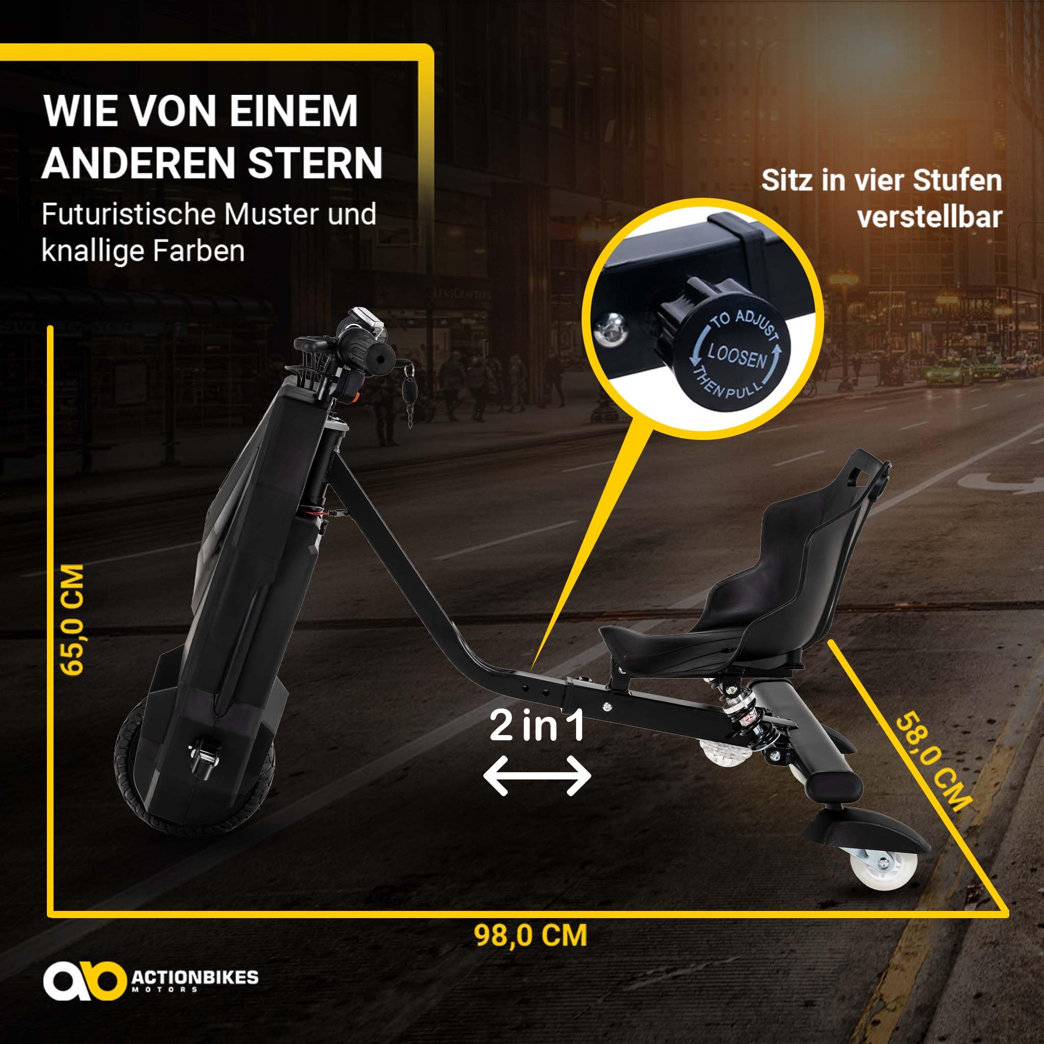Actionbikes Motors Kinder Elektro Driftscooter | 𝟐𝟓𝟎 Watt Motor - Drift Cart 360°- 3 Geschwindigkeitsstufen - LED-Beleuchtung - Sitz verstellbar - Bluetooth - Drift Kart - Drift Auto (Black)