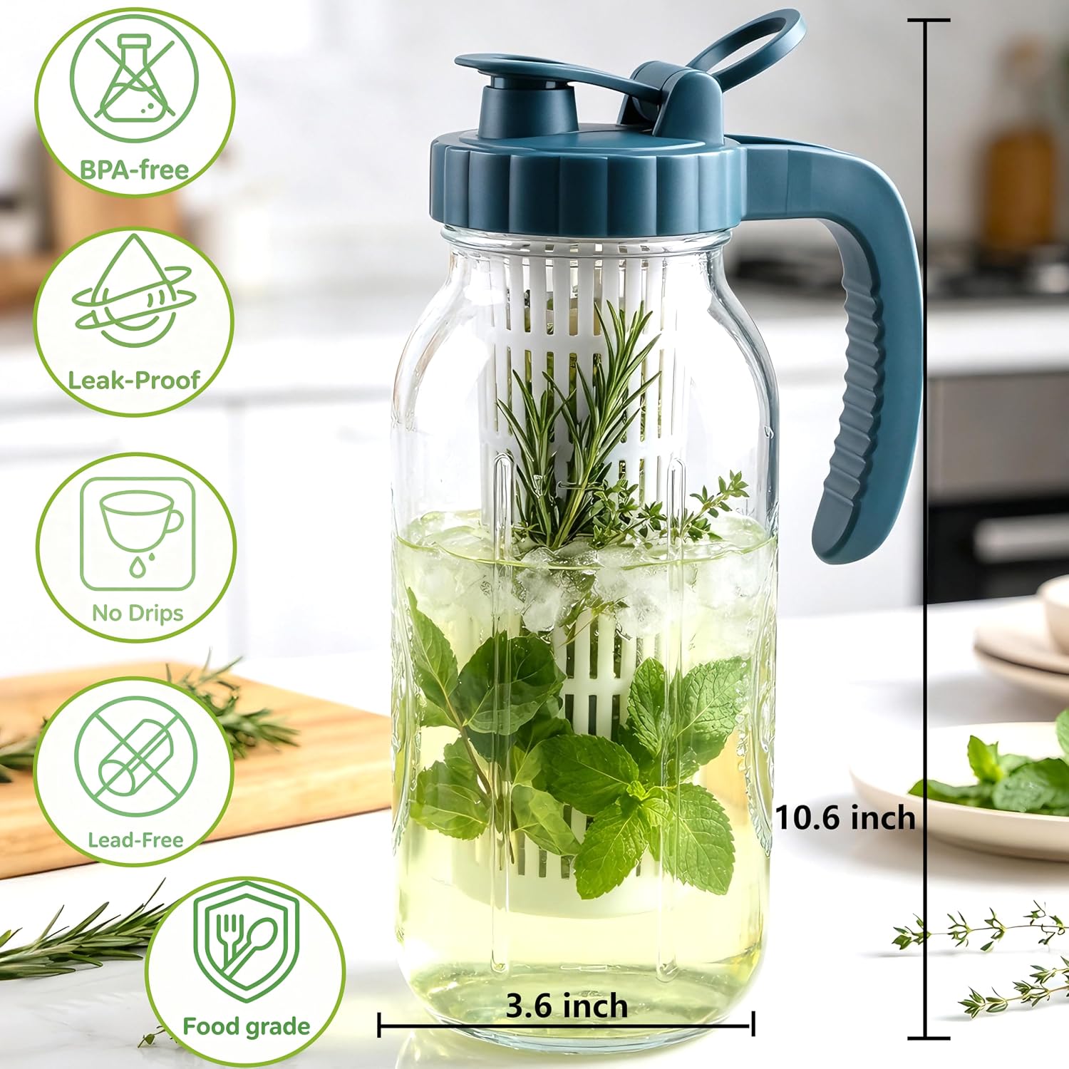 Glass Infused Water Pitcher For Fruit Tea 64 Oz Mason Jar Fridge Storage