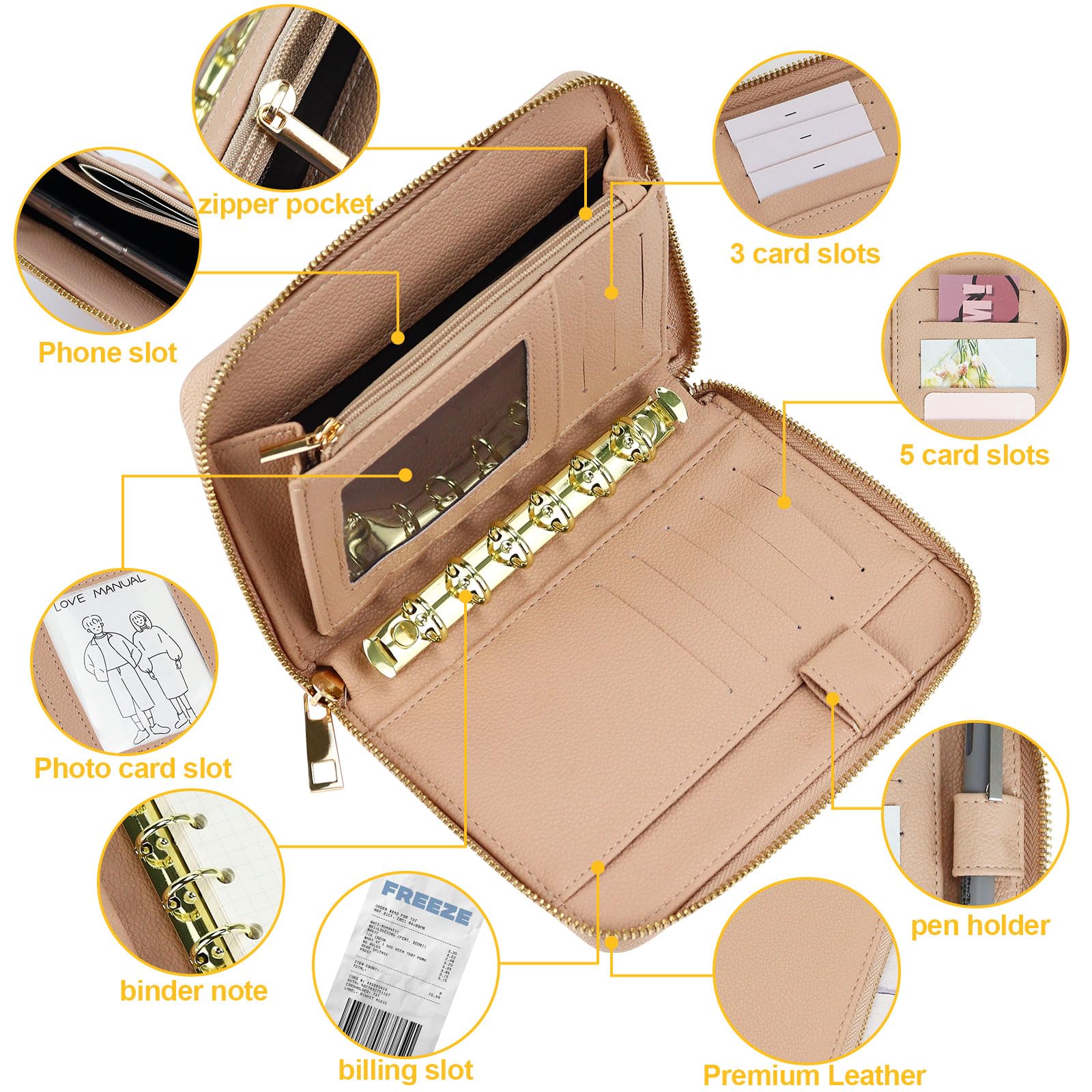 Buqoo Budgetordner A7 PU Leder Budgetordner mit Reißverschluss und 6 nachfüllbaren Ringen, Notizbuch für Damen/Herren (Rosa