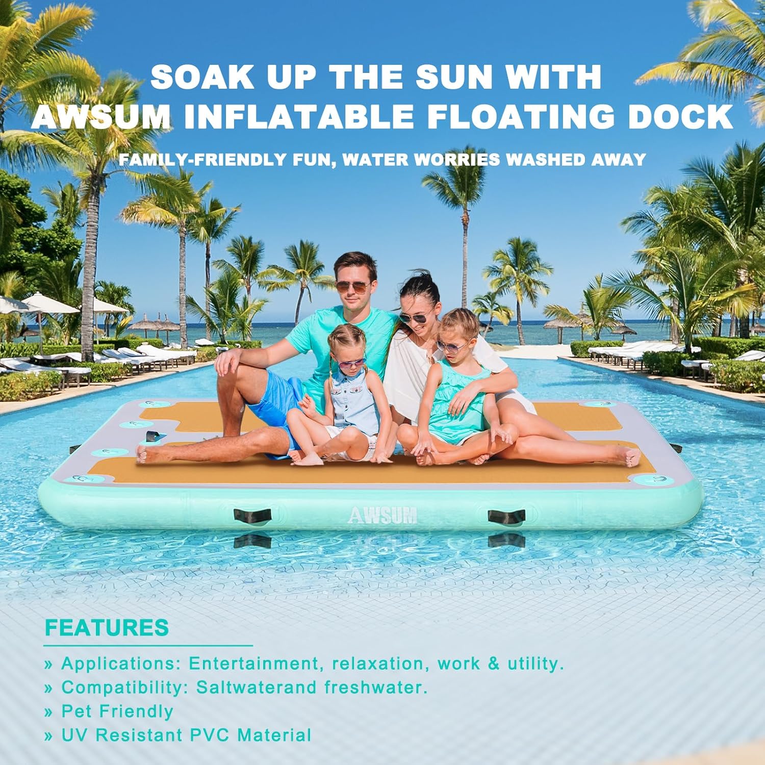 AWSUM Inflatable Floating Dock Bundle, 6ft×5ft Standard Dock with 8ft×6ft EVA Non-Slip Dock｜Military-Grade PVC