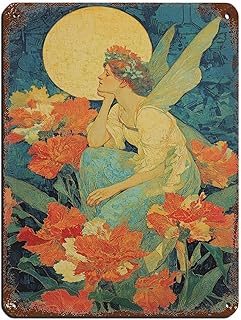 Vintage Flower Fairy Woman And Moon Tin Sign Vintage Metal Pub Club Cafe...