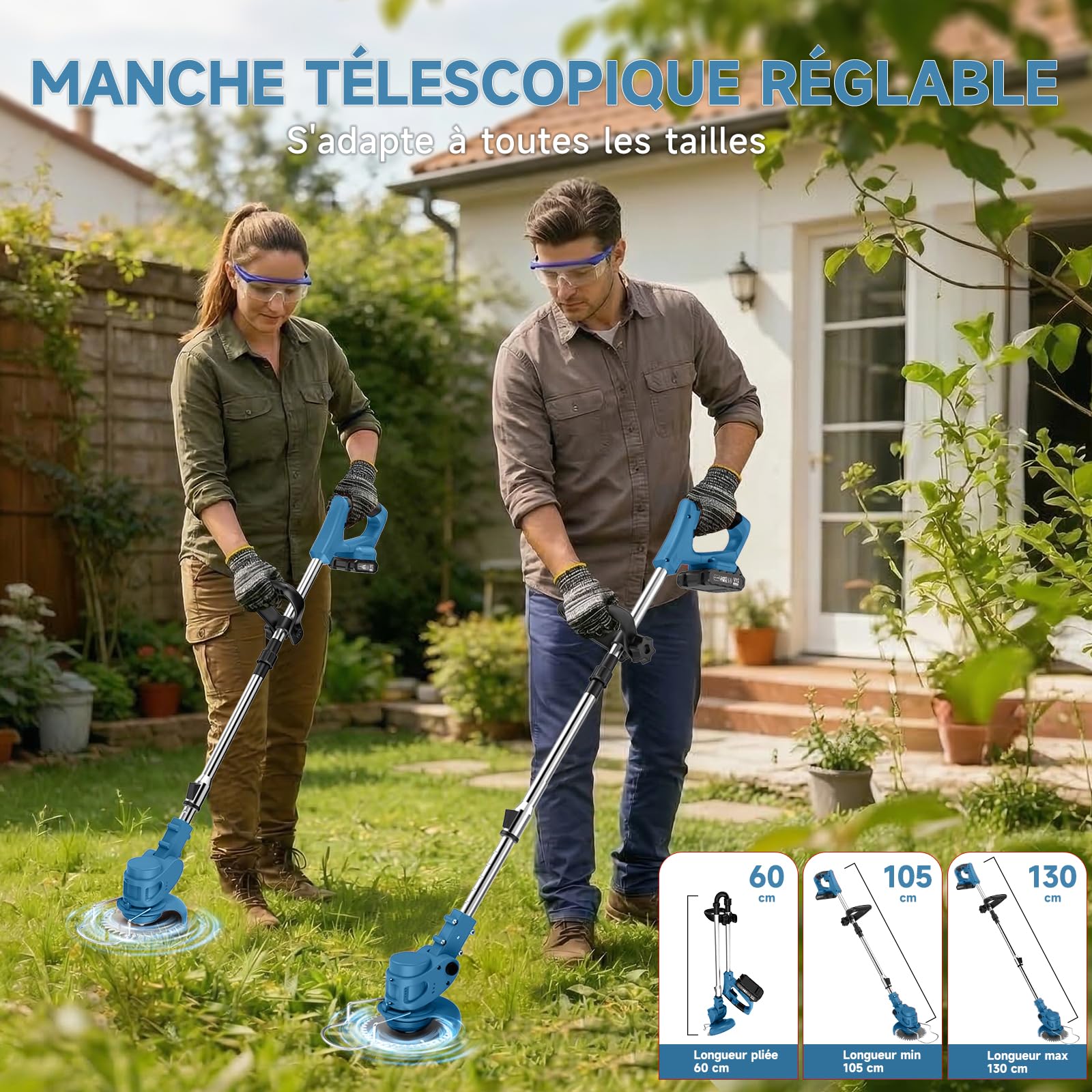 Debroussailleuse Electrique sans Fil 850W Rotofil Batterie 1.8kg Pliable 60cm Manche Telescopique 2X 2000mAh 26 Lames 4 Types pour Entretien Jardin (Bleu Encre)