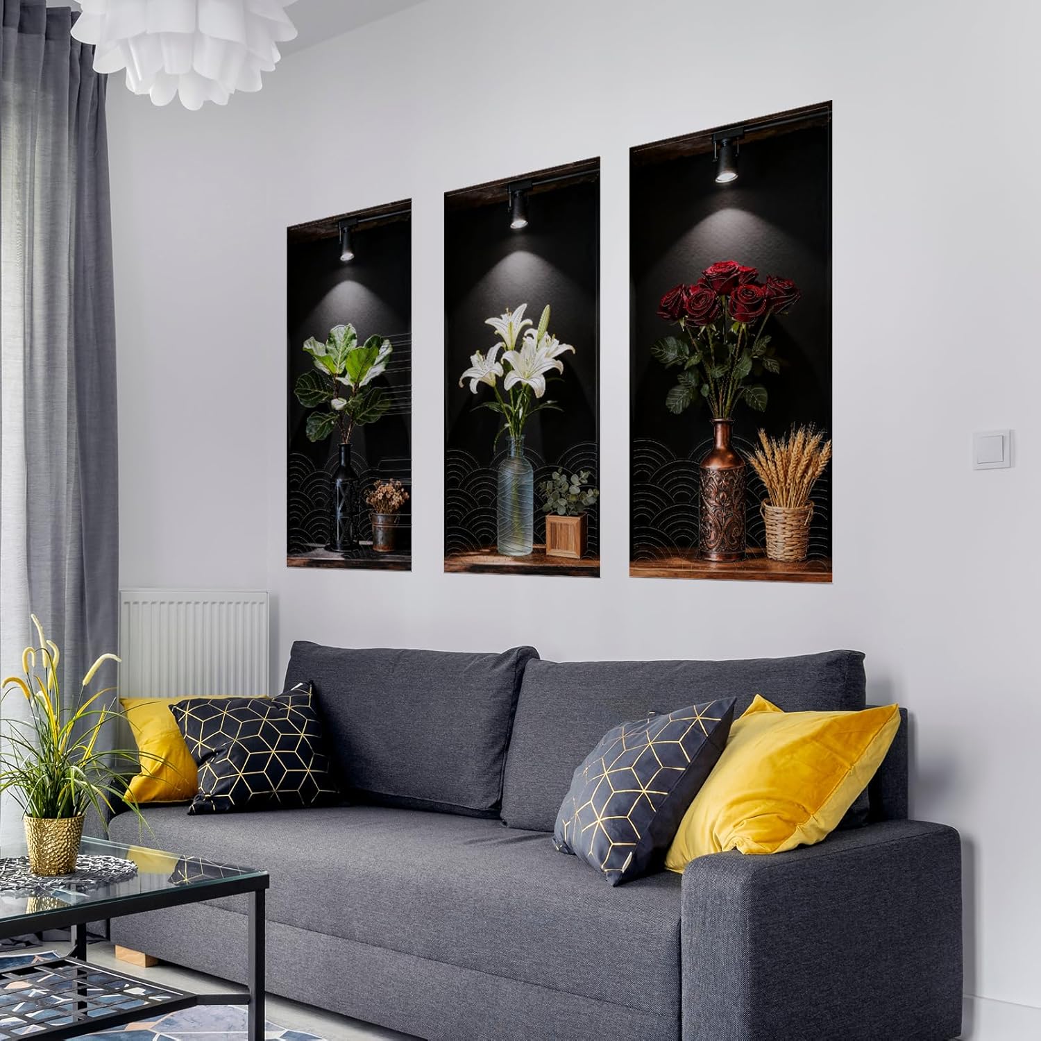 Dark Botanical Style Triptych Wall Stickers, 3 Sheets Floral Wall Decals with Lily Rose and Fiddle Leaf Fig on Shadowed Background, Peel and Stick Wall Murals Decor for Bedroom Living Room