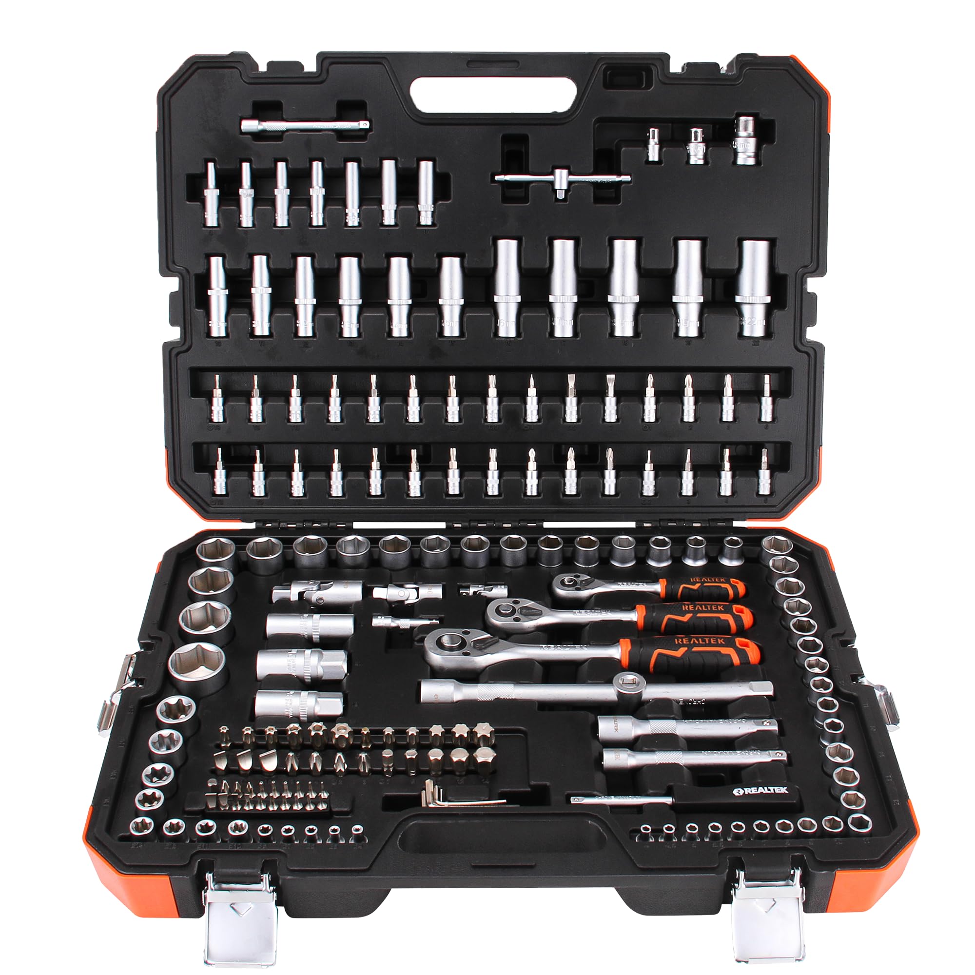 REALTEK Set Chiavi a Bussola, Chiavi a Cricchetto 1/4''+3/8"+1/2'' 172 Pezzi, 72 denti, Cr-V, Adatto per Lavori su Biciclette e Automobili le riparazioni