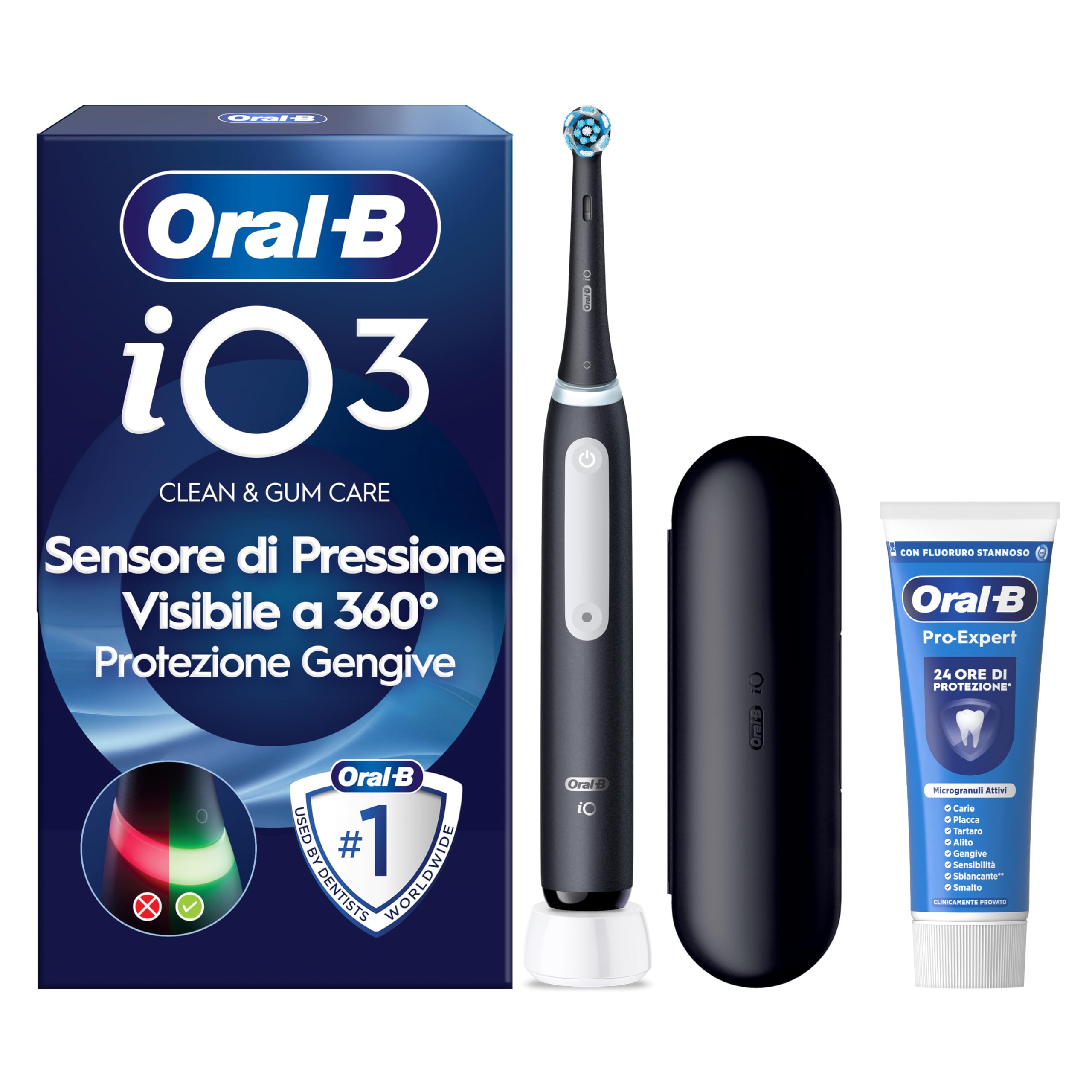 Oral-B iO 3 Spazzolino Elettrico Ricaricabile  con 1 Testina di Ricambio  Nero - 1 Testine di Ricambio per Spazzolino Elettrico  Custodia da Viaggio + 1 Dentifricio Pro Expert  Pulizia Denti Efficace