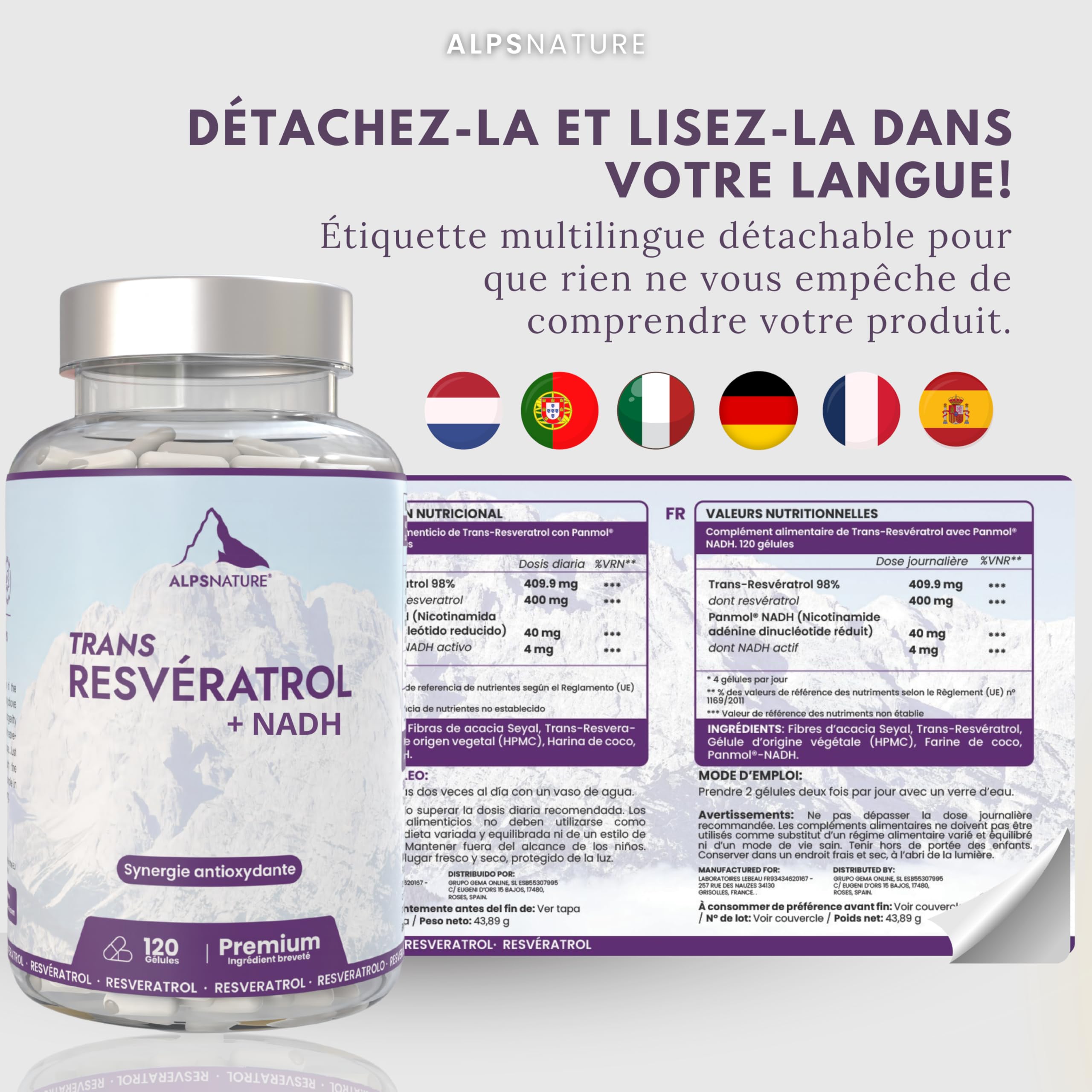 NADH 40mg Panmol Breveté + Trans-Resvératrol 98% Pur – Énergie Cellulaire & Haute Biodisponibilité – 120 Gélules Végétalien & Sans Gluten - Fabriqué en France & testé en laboratoire