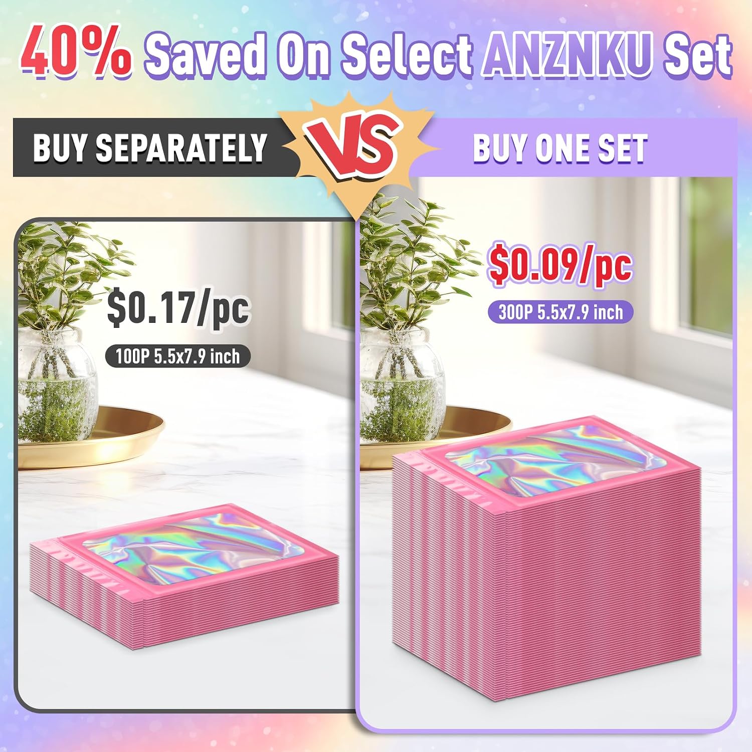 ANZNKU 300 Pack Pink Holographic Mylar Bags with Clear Window, 5.5x7.9 In Smell Proof Packaging Bags for Small Business, Resealable Small Foil Zipper Pouch for Candy Jewelry Goodie Gift & Party Favors image 5