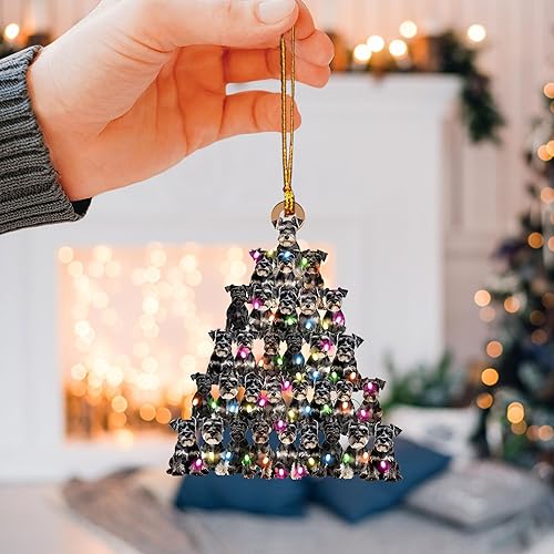 Miniatura 3 de Talataca Adorno Navideño Plano 2D de Schnauzer Miniatura, Adorno de Árbol de Navidad en Forma de Pino con Luz de Cadena, Adorno de Árbol de Pino