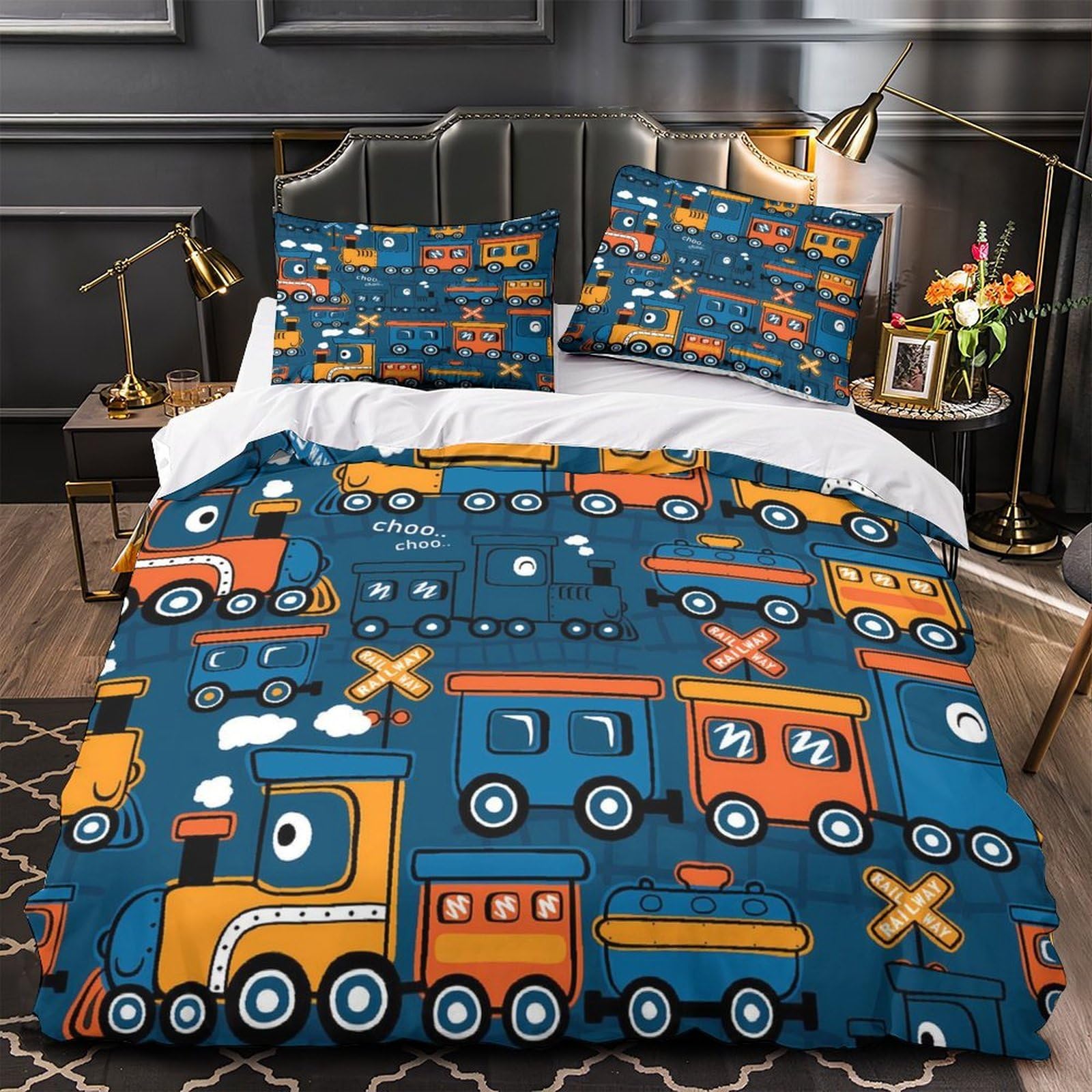 Housse de couette train 140x200 parure de lit enfant 3D imprimée microfibre