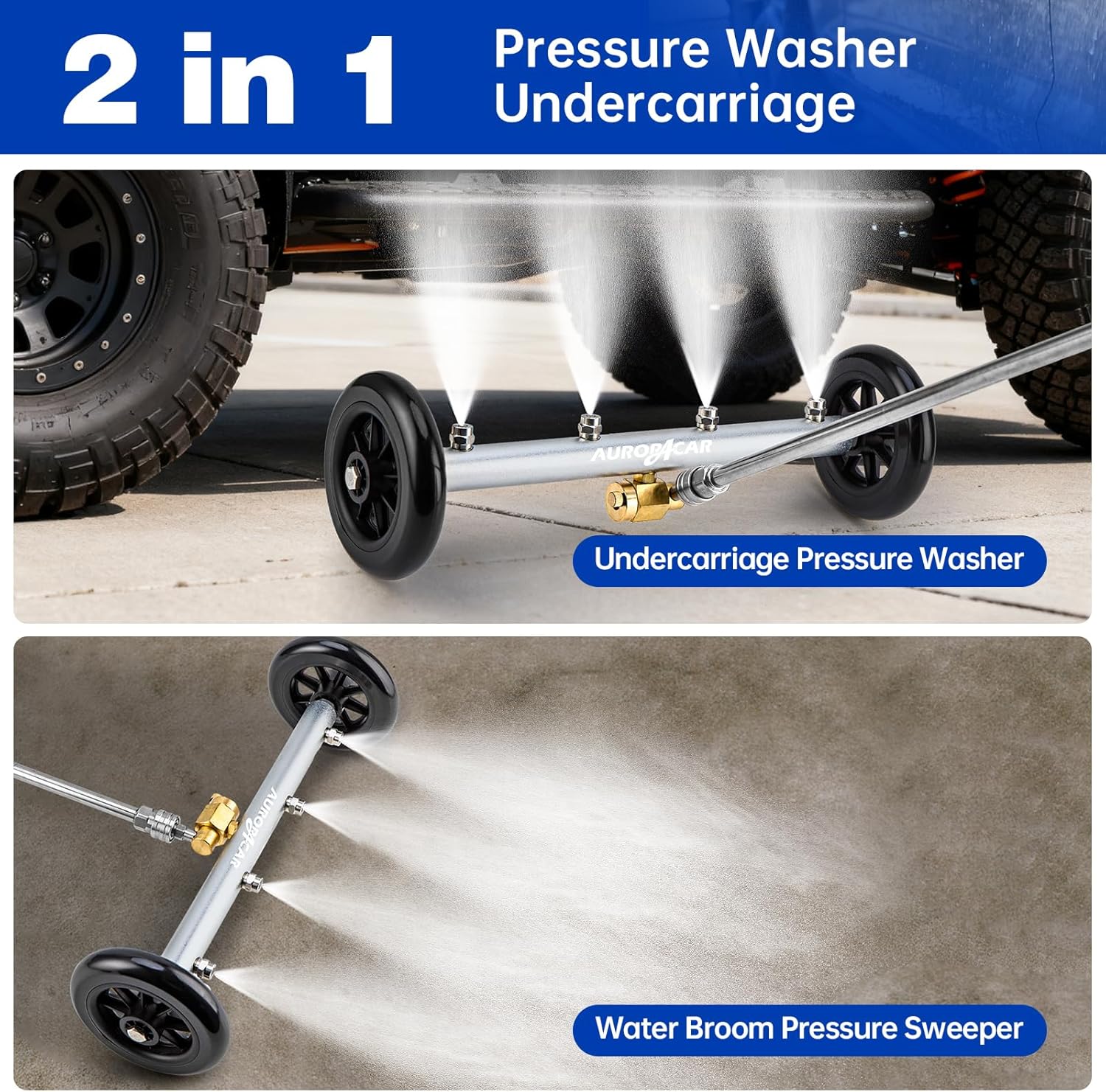 Undercarriage Pressure Washer Attachment 16 Inch, Dual-Function Undercarriage Cleaner, Under Car Wash Water Broom with 3 Extension Wands, Power Washer Surface Cleaner, 4000 PSI