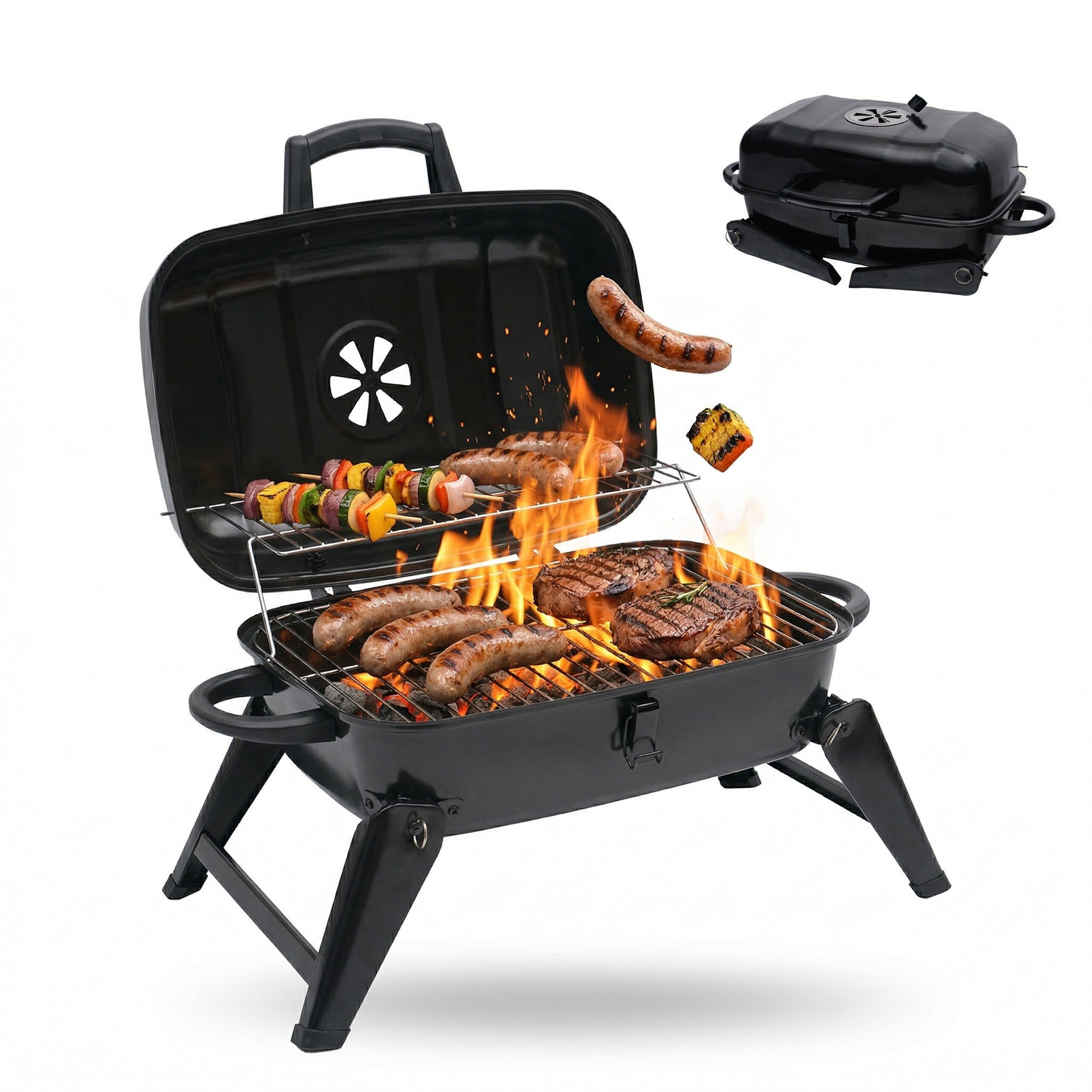 Relaxdays griglia tavolo pieghevole portatile 34x59x36 cm, acciaio nero | Scaldavivande, ventilazione, barbecue carbone
