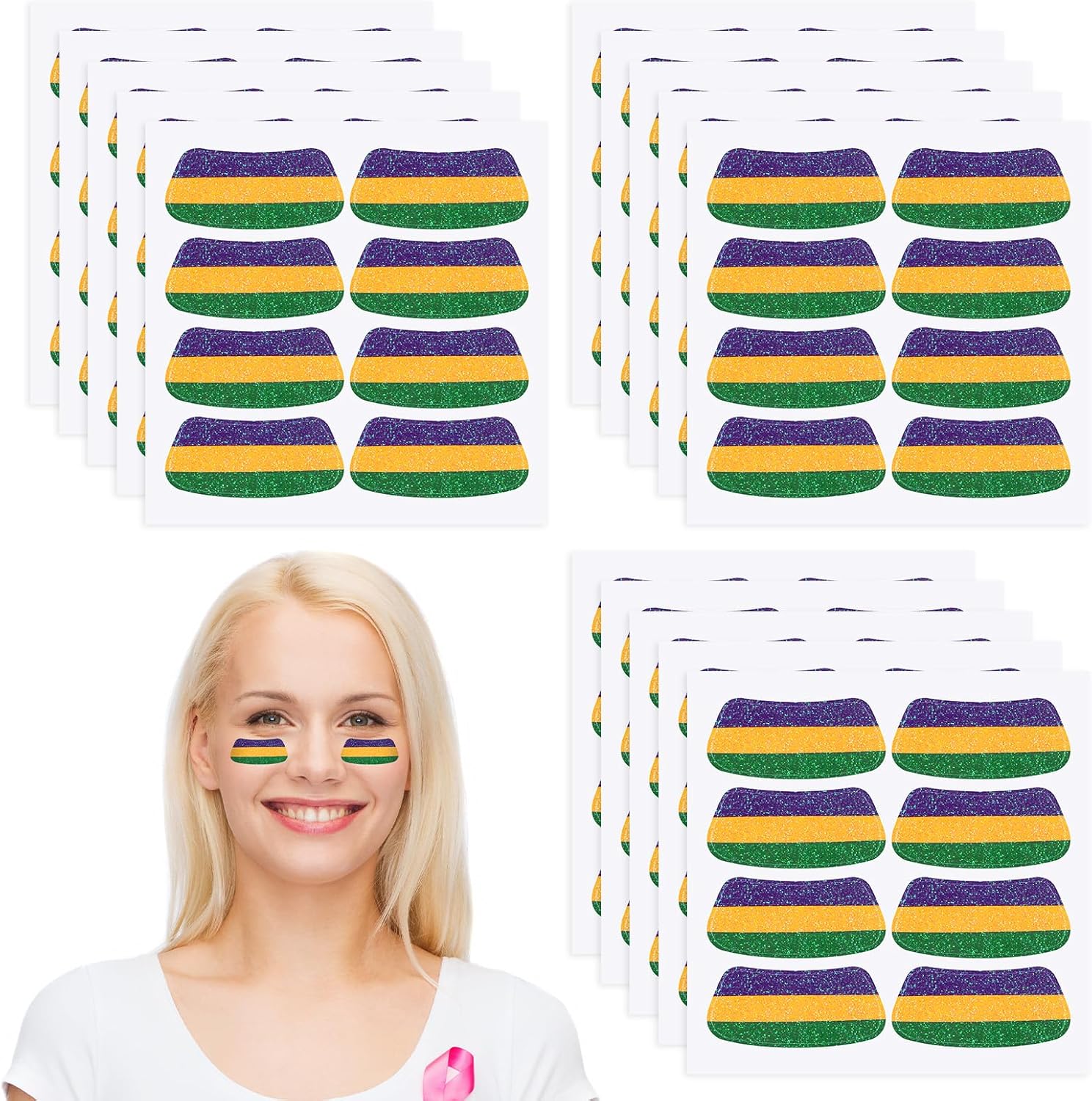 Cholemy 120 Pairs Eye Black Stickers Bulk Baseball Glitter Stickers Football Softball Party Favor Spirit Day Accessories(Strip,Mardi Gras)